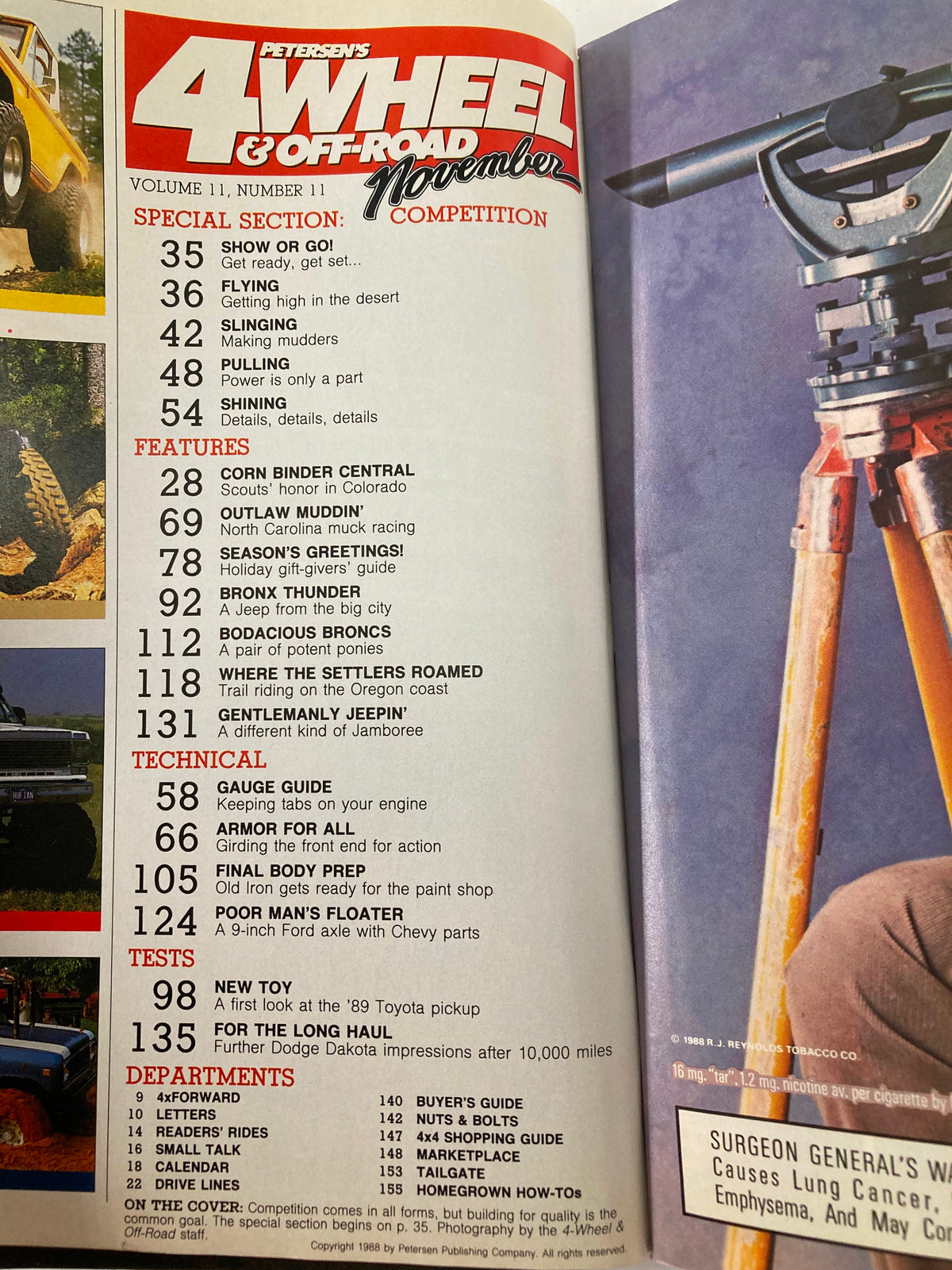 Interior page of Petersen's 4 Wheel & Off-Road Magazine, November 1988, showcasing the table of contents with featured articles on truck competition, off-roading techniques, and customization tips.