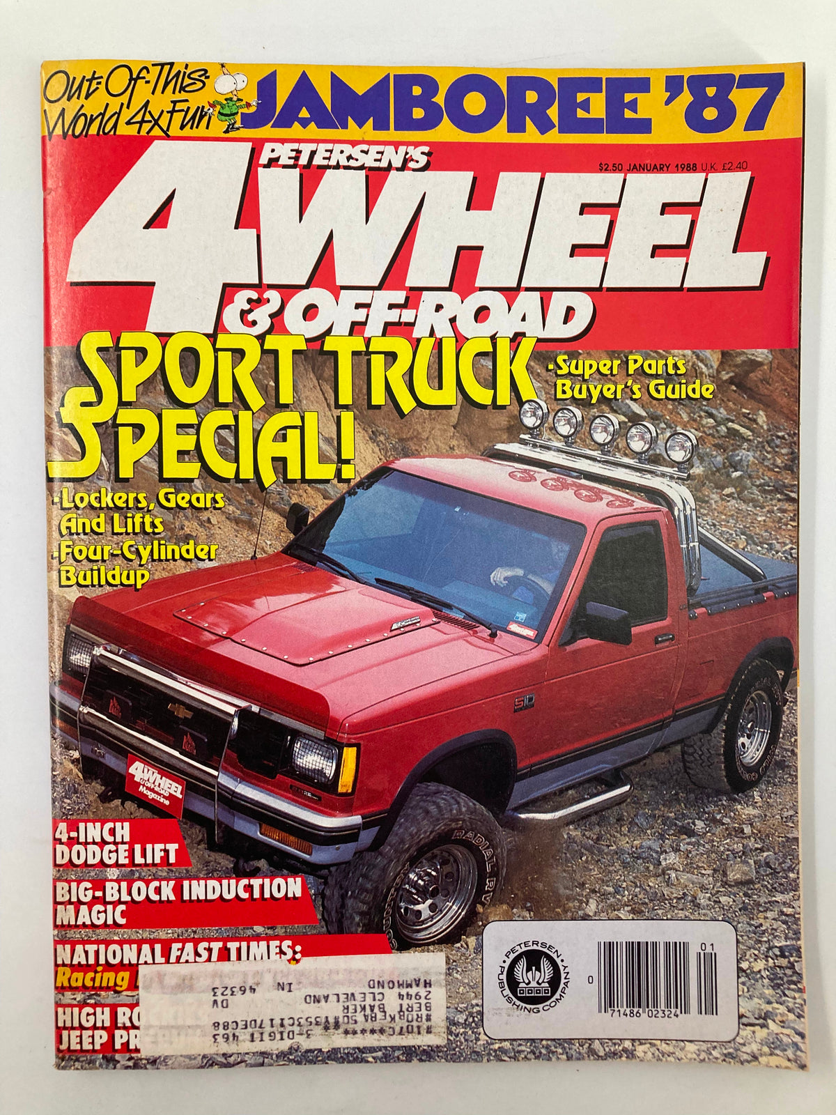 Cover of Petersen's 4 Wheel & Off-Road Magazine January 1988 featuring David Erwin's Chevy S-10, showcasing off-road modifications and a rugged truck design.
