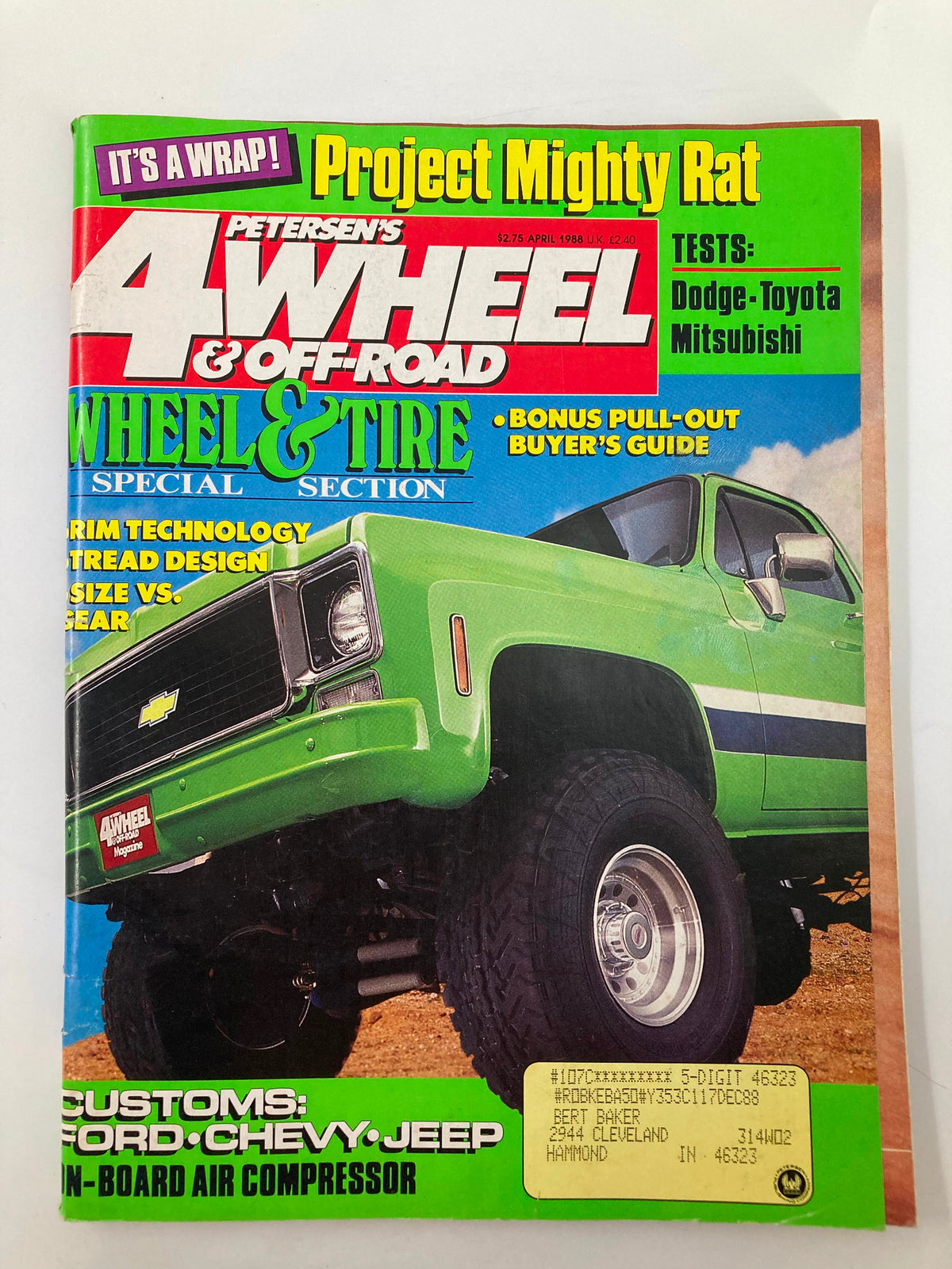 Cover of Petersen's 4 Wheel & Off-Road Magazine, April 1988 featuring Tom Henely's 79 Chevy. The magazine includes sections on wheels and tires, with a vivid green Chevrolet truck depicted.