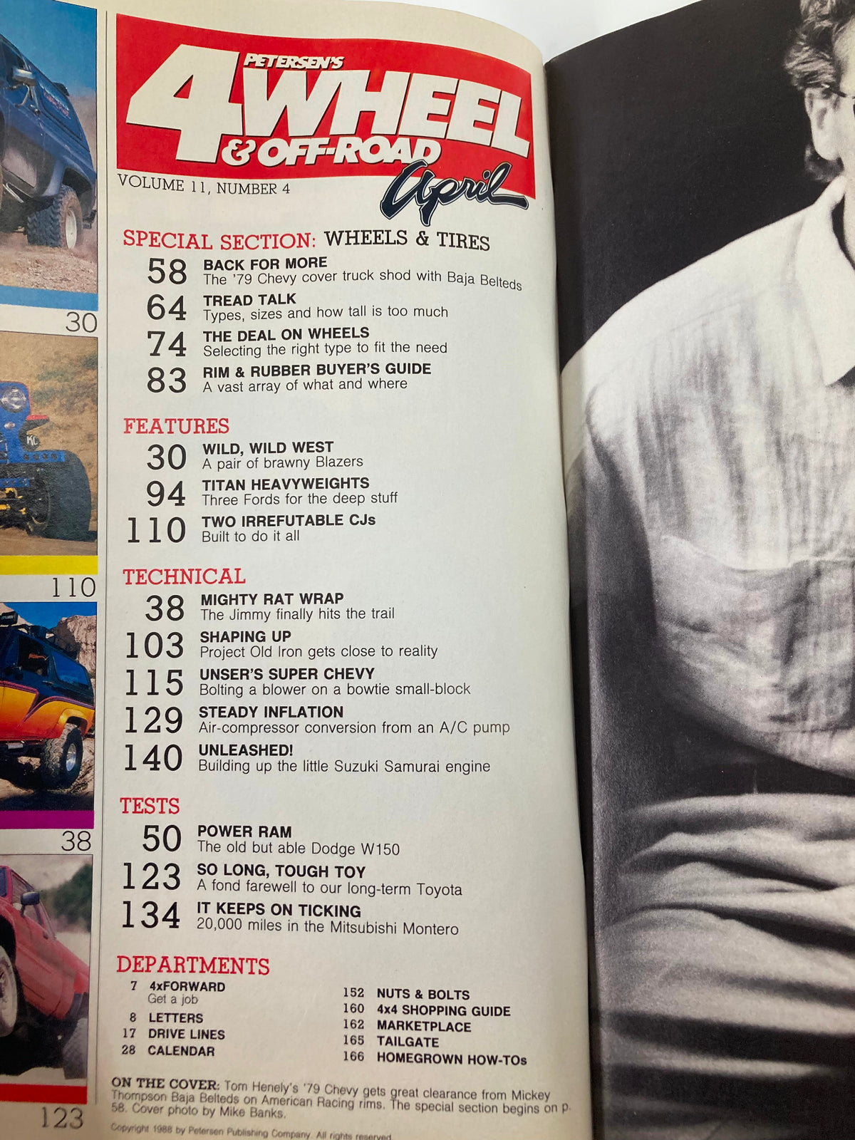Interior page of Petersen's 4 Wheel & Off-Road Magazine, April 1988 featuring the table of contents, highlighting articles and features such as Mighty Rat Wrap and various automotive tests.