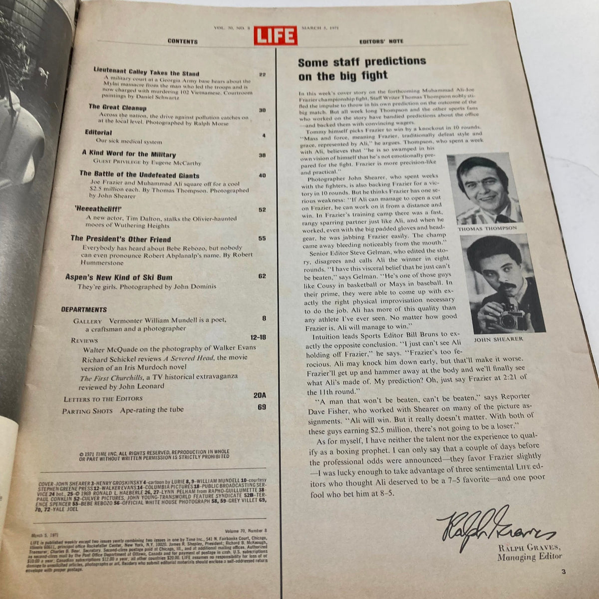 Inside page of VTG Life Magazine March 5 1971 showcasing the table of contents and article highlights for the issue featuring Muhammad Ali and Joe Frazier.