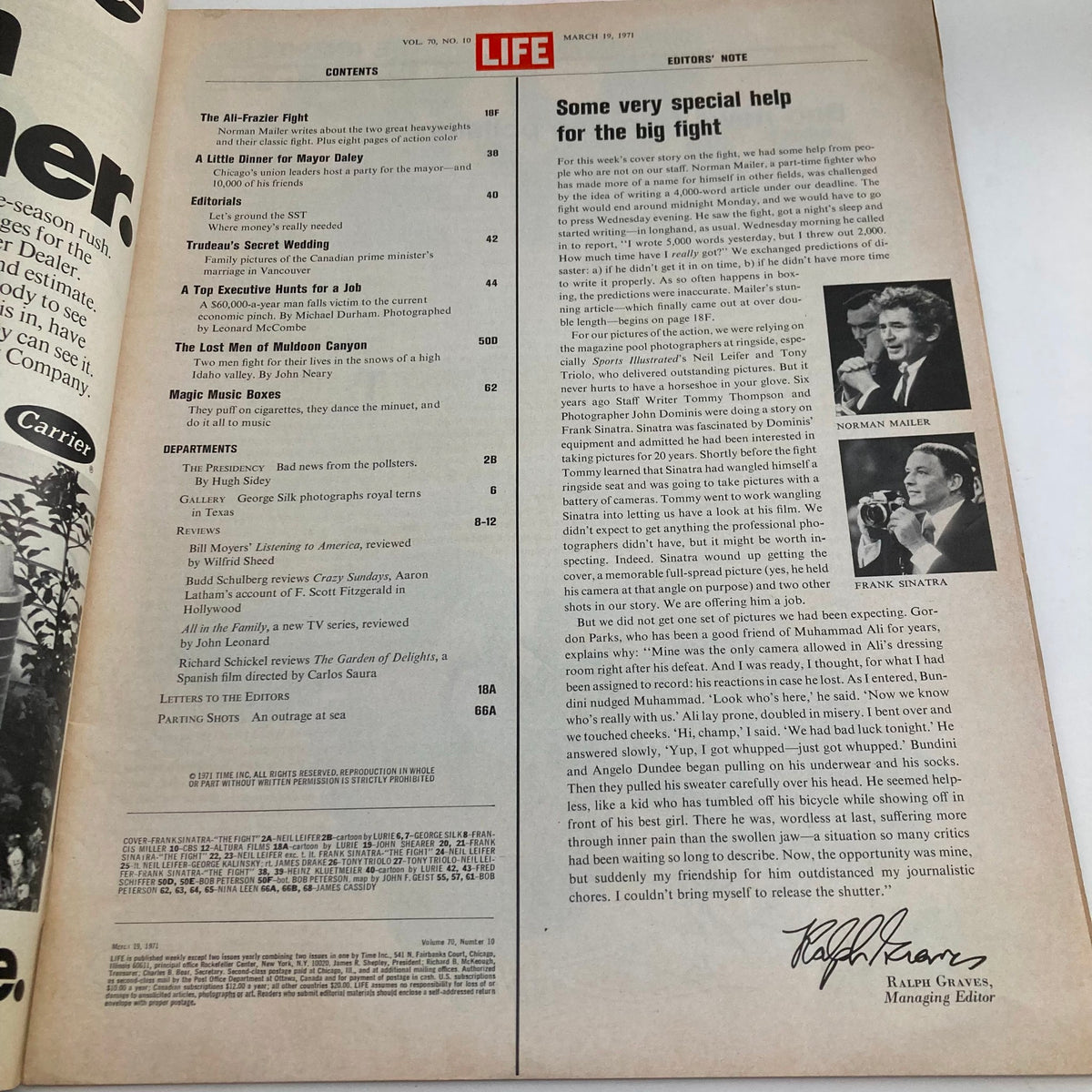 Interior page of VTG Life Magazine March 19 1971 featuring contents and articles including Muhammad Ali and Frank Sinatra, highlighting key topics from the issue.