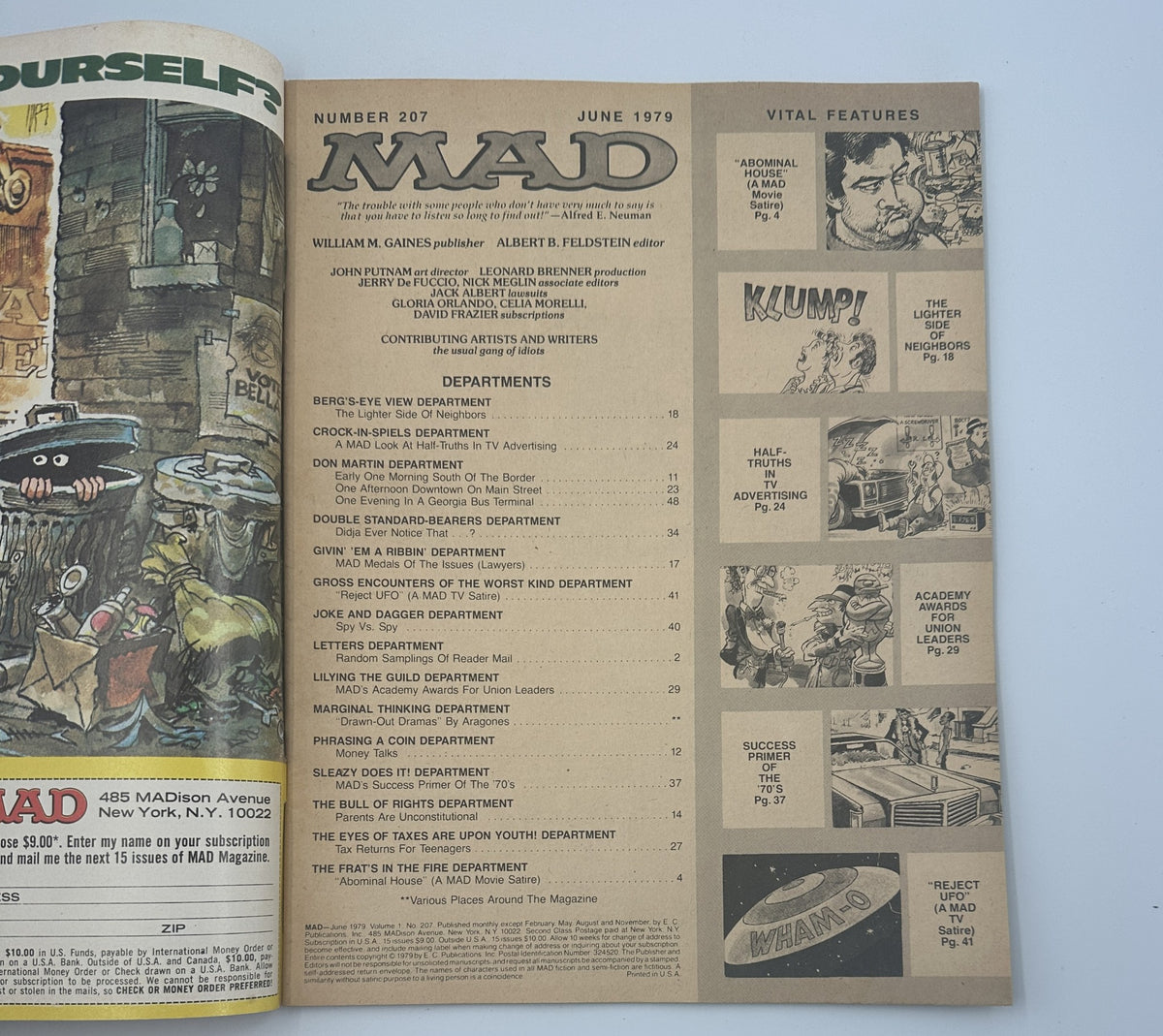Inside pages of MAD Magazine No. 207, June 1979, illustrating the Table of Contents including departments like TV Advertising and various comedic segments. Features insights from contributors and MAD's signature humor.