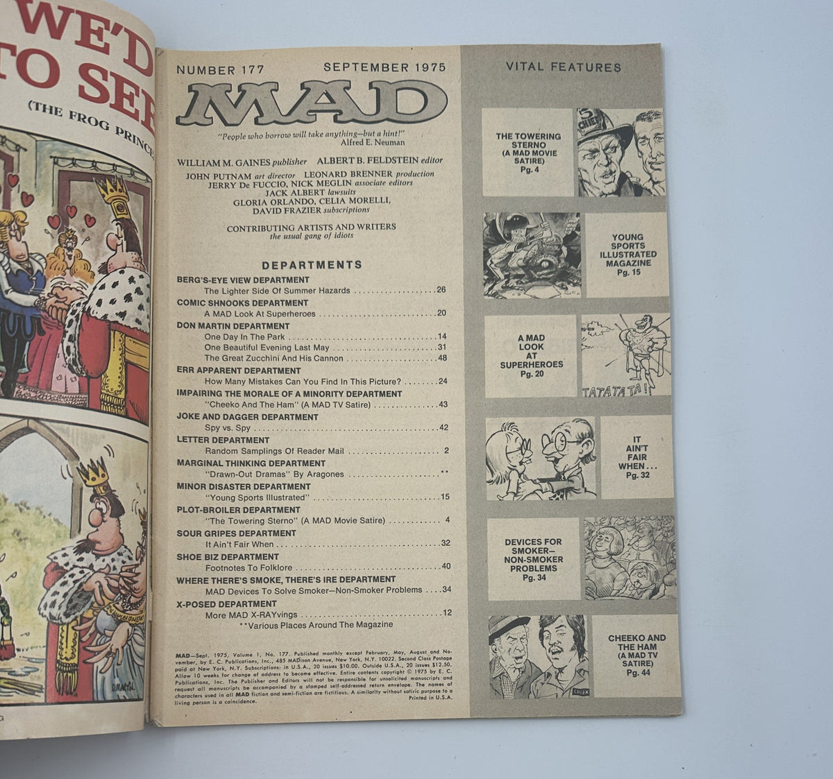 Inside page from MAD Magazine No. 177, September 1975, detailing the Table of Contents and featuring various departments including humor segments and comic features. This issue is notable for its satire on popular culture.