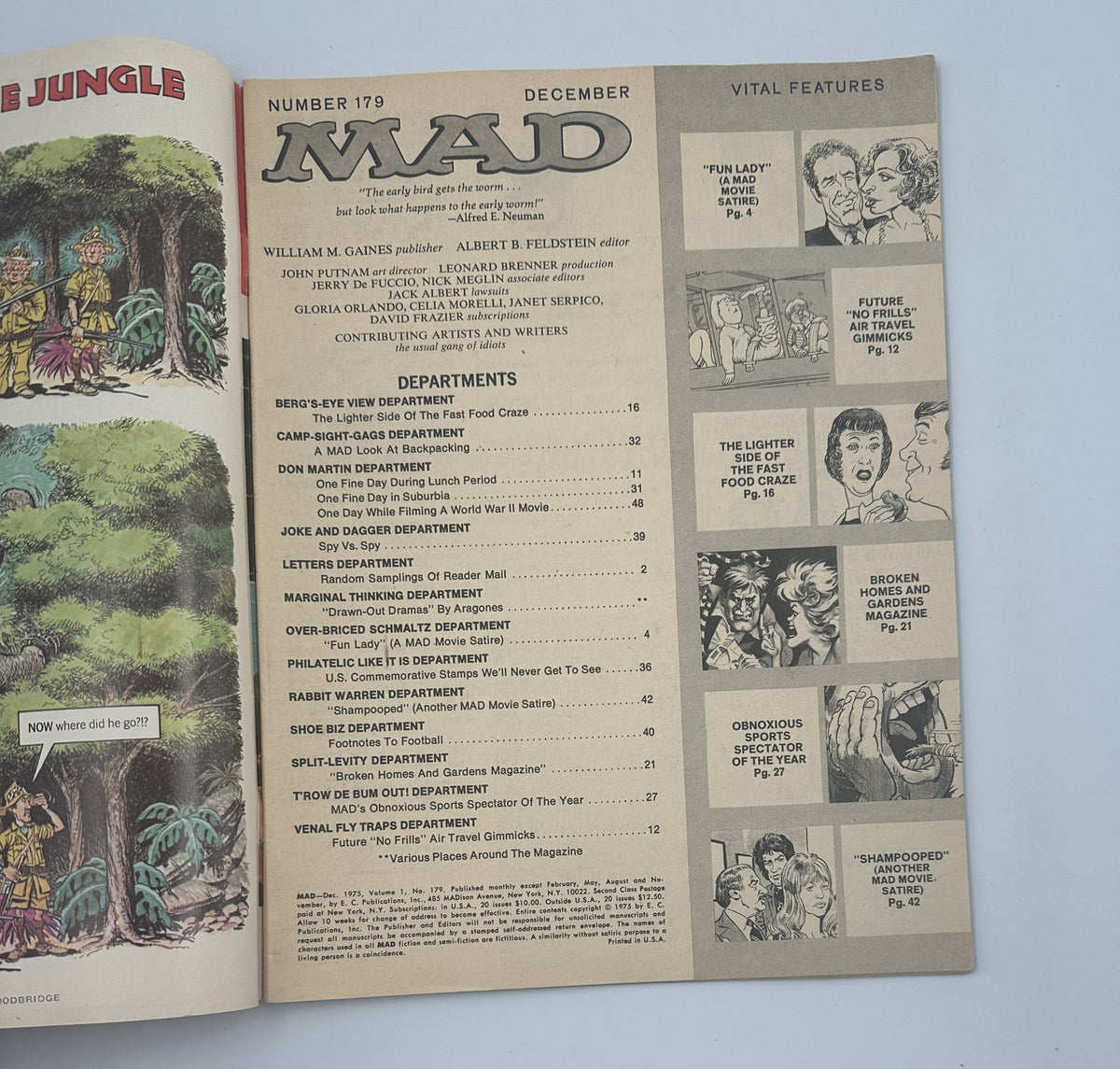 Inside page of MAD Magazine No. 179, December 1975, highlighting the table of contents, including the features 'Fun Lady' and 'Shampooed,' typical of the magazine's satirical content.