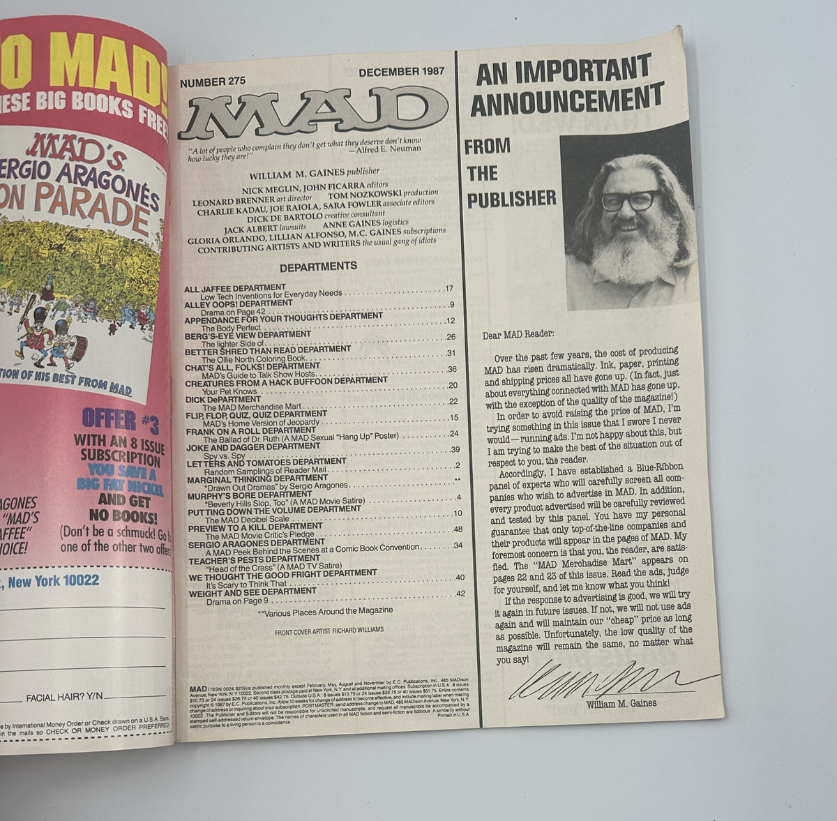 Page from MAD Magazine No. 275, December 1987 featuring an important announcement from the publisher William M. Gaines, showcasing department listings including 'All Jaffee Department' and 'Alley Oops! Department'.