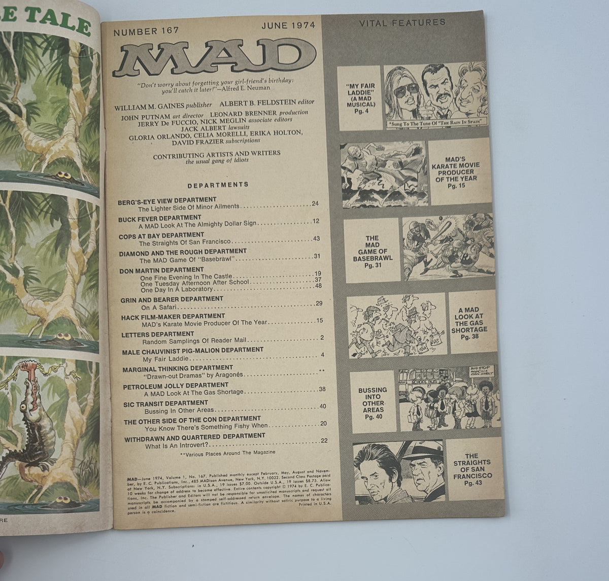 Inside page of MAD Magazine No. 167 June 1974 showing the table of contents, listing various departments and features including 'My Fair Laddie' and 'MAD's Karate Movie Producer Of The Year'.