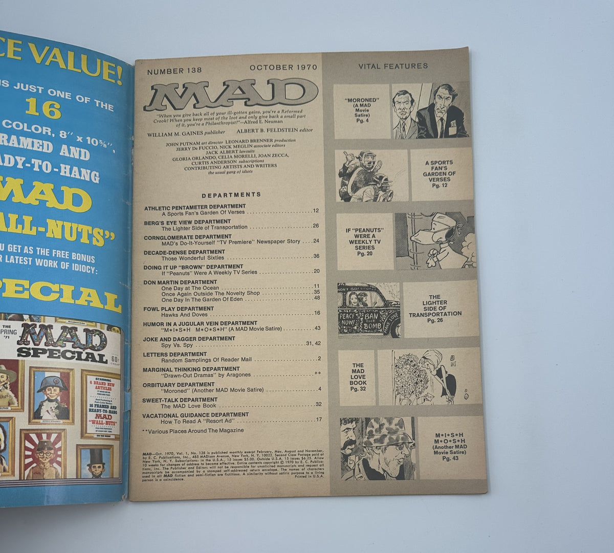 Inside page of MAD Magazine No. 138 from October 1970 displaying the Table of Contents and vital features, highlighting various departments like Athletic Pentameter and Berg's-Eye View.