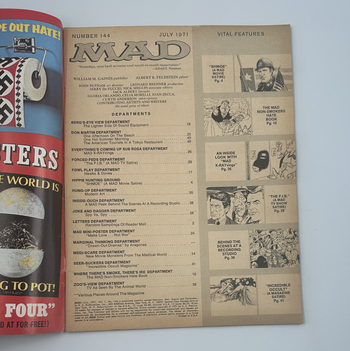 Inside page of MAD Magazine No. 144 July 1971 showing the table of contents, highlighting the departments and features of the issue including movie satire and TV parody.