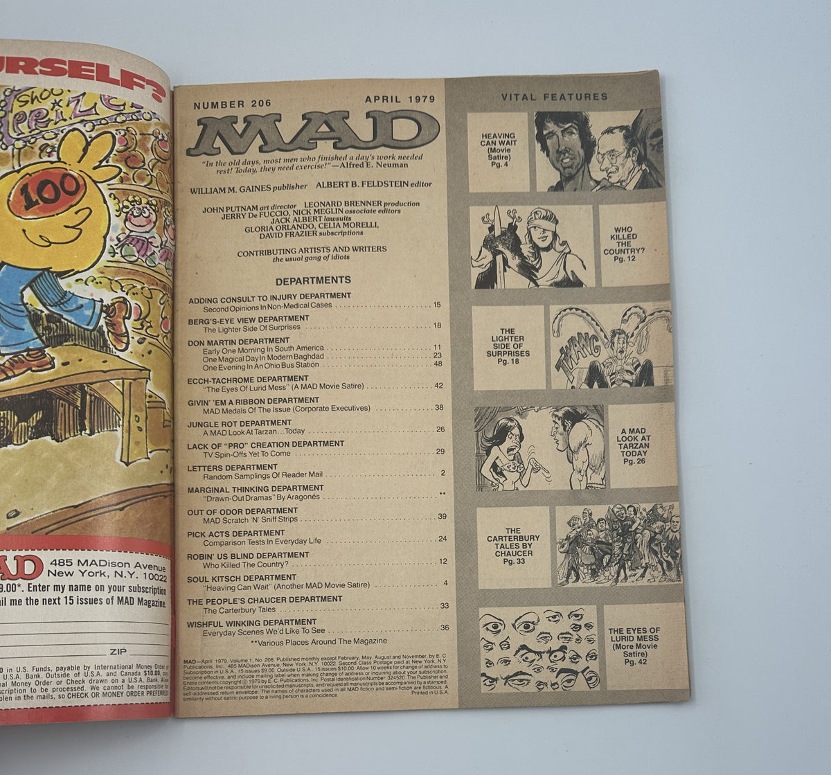 Interior page of MAD Magazine No. 206 from April 1979, featuring the Table of Contents. The magazine includes various departments and articles, such as 'Jungle Rot' and 'Don Martin Department.' This issue is graded Very Good (VG 4.0).