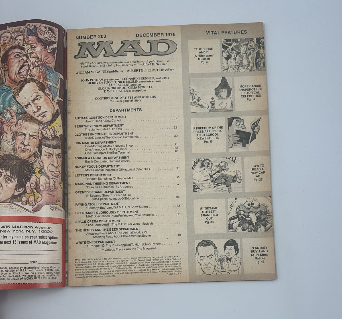 Table of contents of MAD Magazine No. 203 from December 1978, outlining various departments and features including 'The Force and I' and 'Fantasy Buy Land.'
