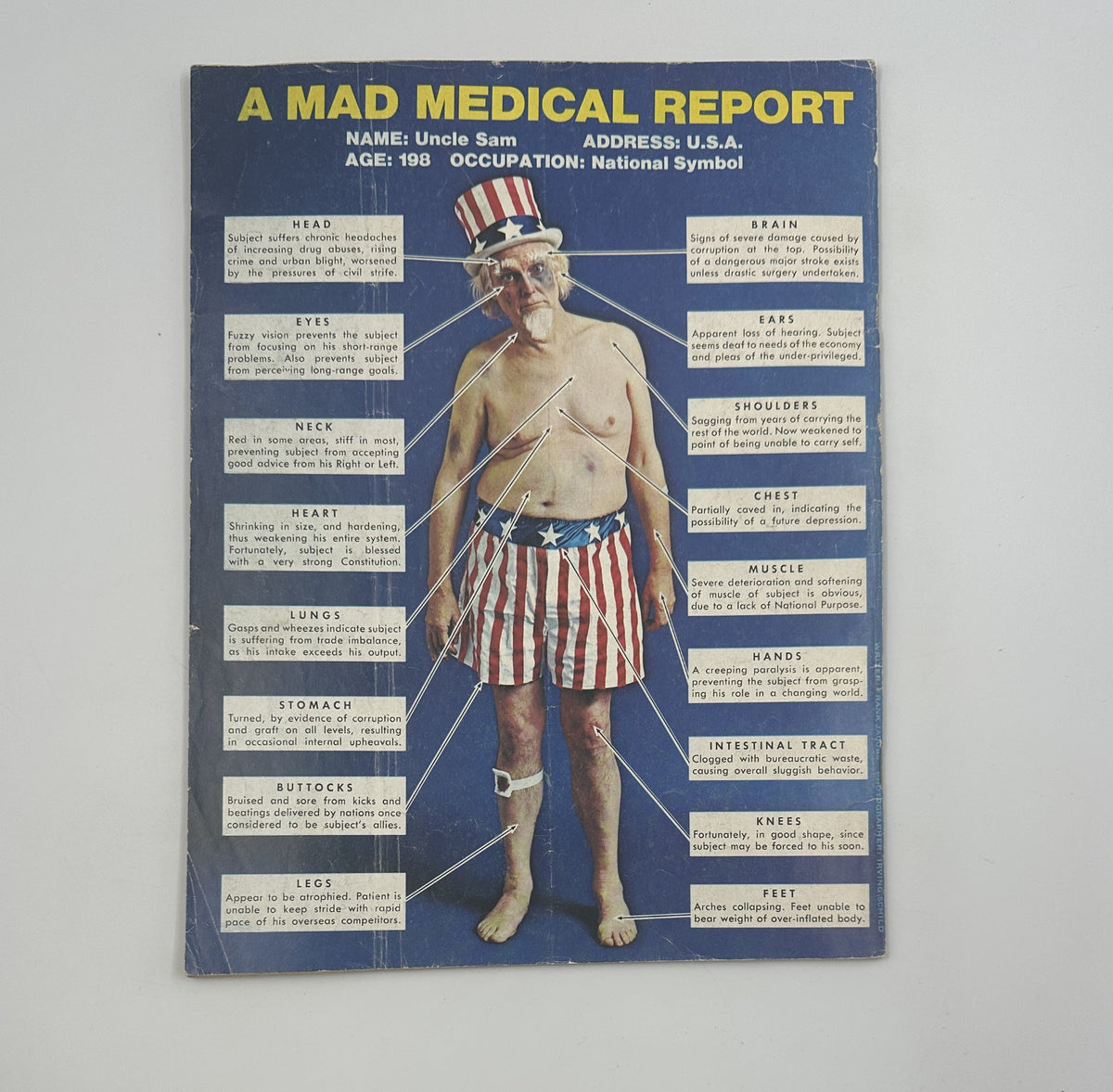 MAD Magazine No. 168 July 1974 Cover featuring a satirical illustration of Uncle Sam in a medical report style, highlighting different body parts and humorous commentary related to the character. This image depicts the unique comedic artwork typical of MAD Magazine.