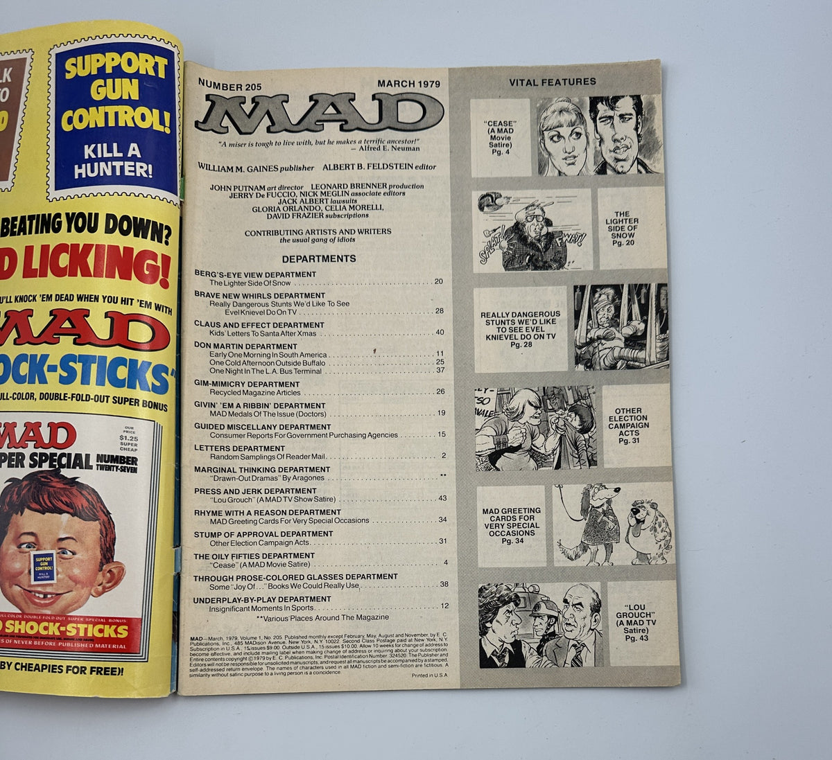 MAD Magazine No. 205 March 1979, featuring the Table of Contents and vital features, showcasing comic departments like 'Brave New Whirls' and 'MAD Greeting Cards,' in Very Good condition.