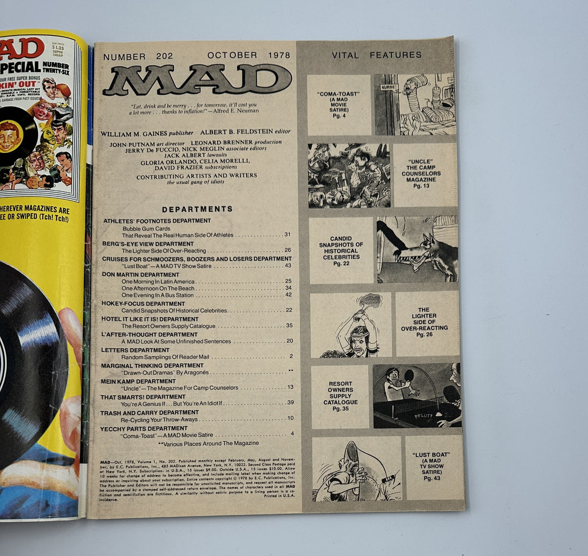Inside page of MAD Magazine No. 202, October 1978, displaying the Table of Contents, highlighting various comedic departments like 'Coma-Toast' and 'Summer Camps.'