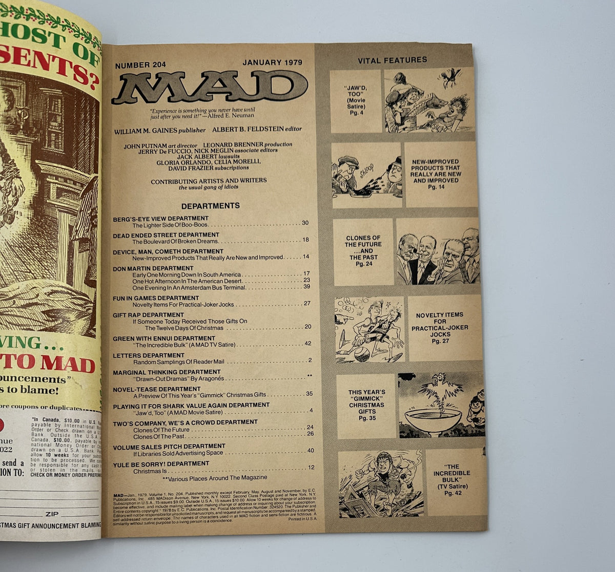 Inside page of MAD Magazine No. 204 from January 1979 displaying the Table of Contents and vital features including various departments and satirical content.