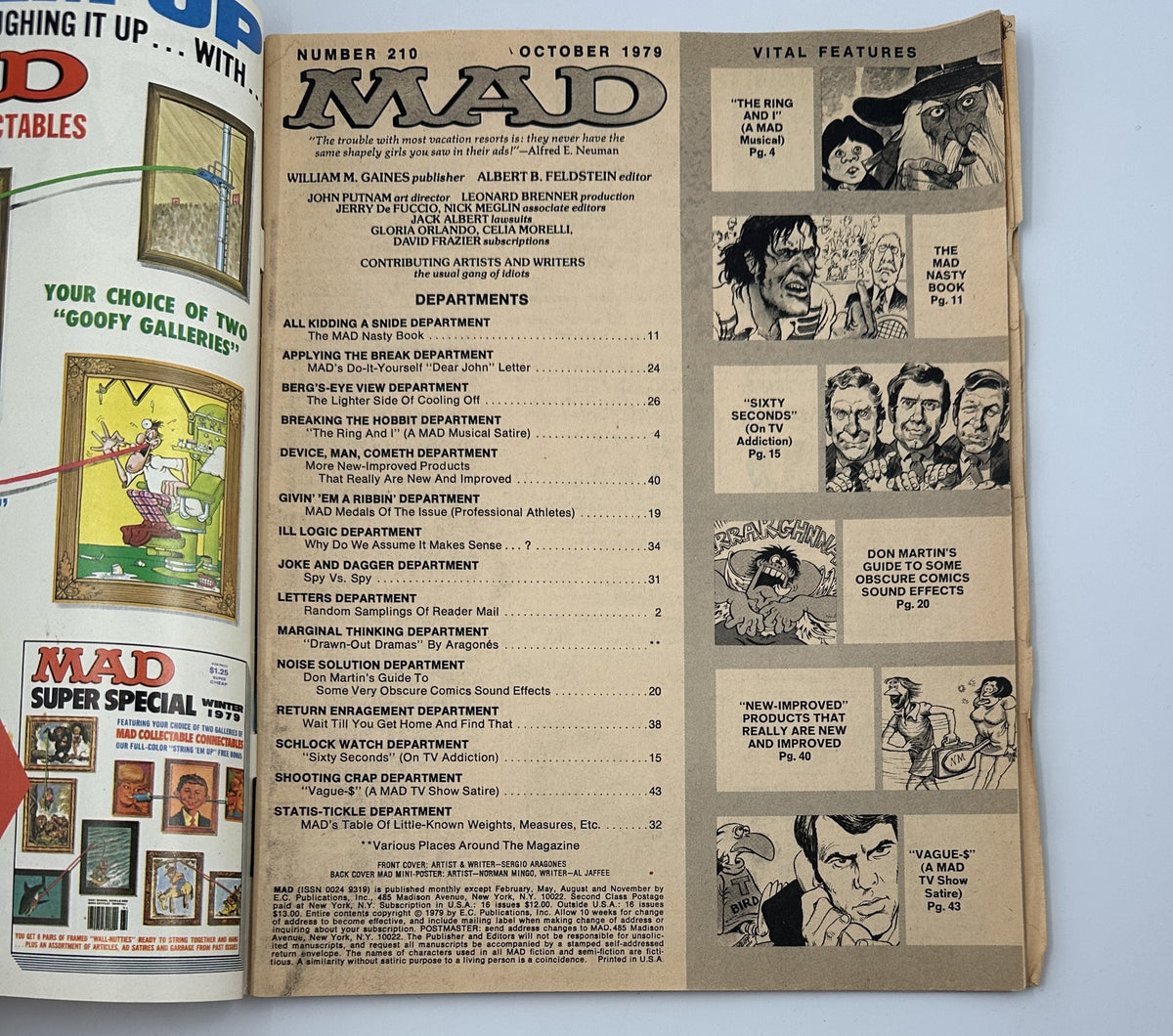Inside page of MAD Magazine No. 210 October 1979 showing the Table of Contents, highlighting the various satirical departments and features included in this issue.