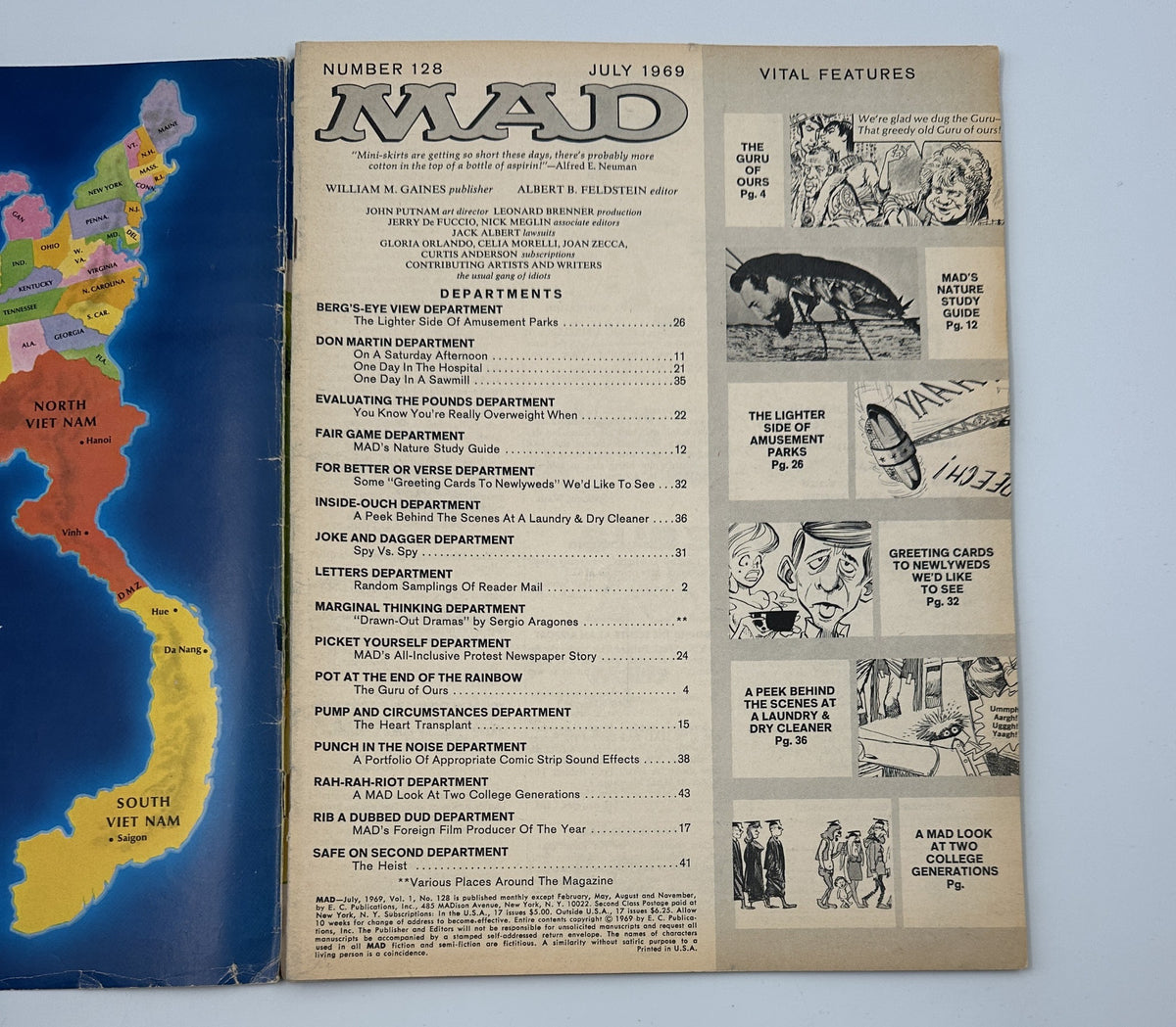 Inside page of MAD Magazine No. 128 July 1969 displaying the Table of Contents and vital features, showcasing various departments of the issue.