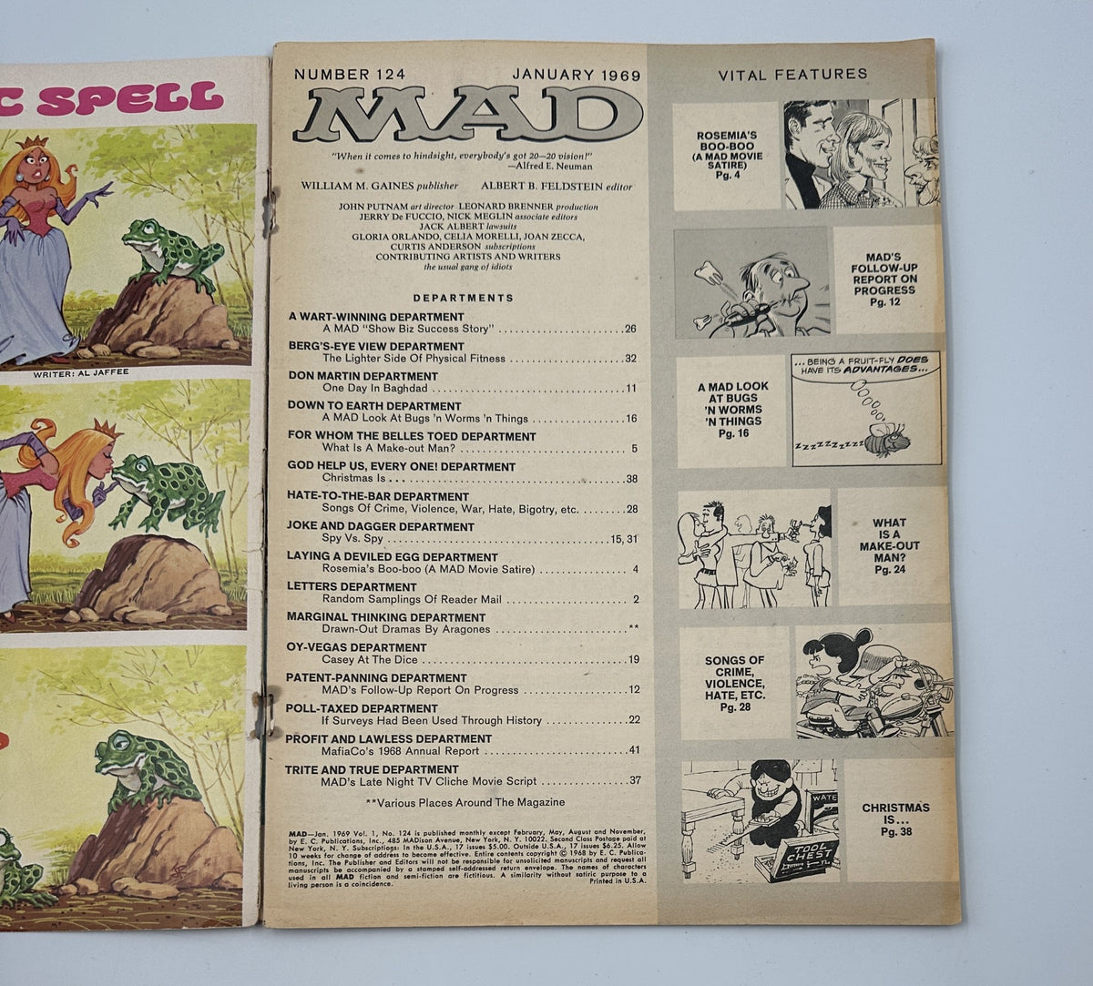 Inside page of MAD Magazine No. 124 January 1969 showing the Table of Contents, highlighting various departments including 'Rosemia's Boo-boo' and other notable features.
