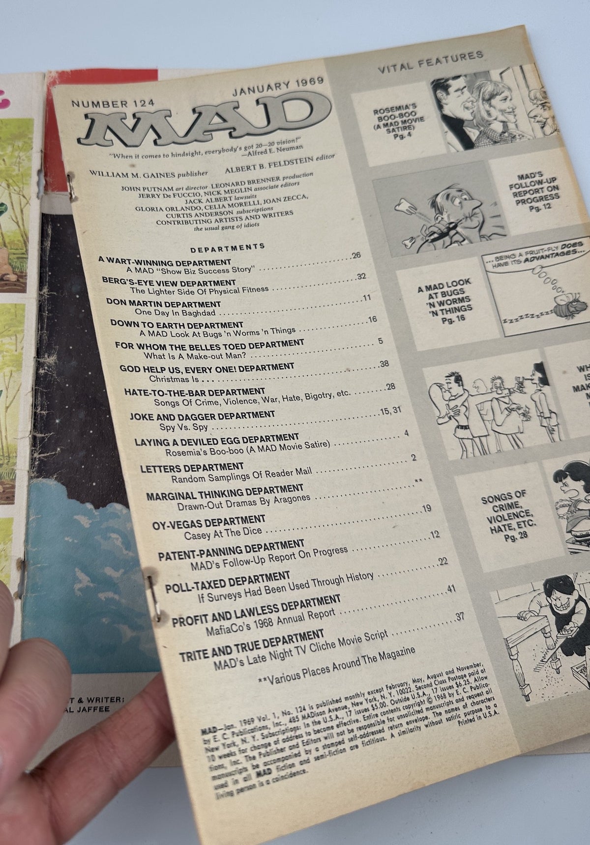 Another view of the inside page for MAD Magazine No. 124 January 1969, revealing detailed Table of Contents with department listings and vital features for this iconic issue.