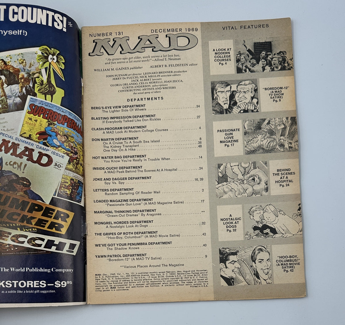 Inside page of MAD Magazine No. 131 from December 1969, displaying the Table of Contents and various department features including 'Berg's-Eye View' and 'Class-Program'.
