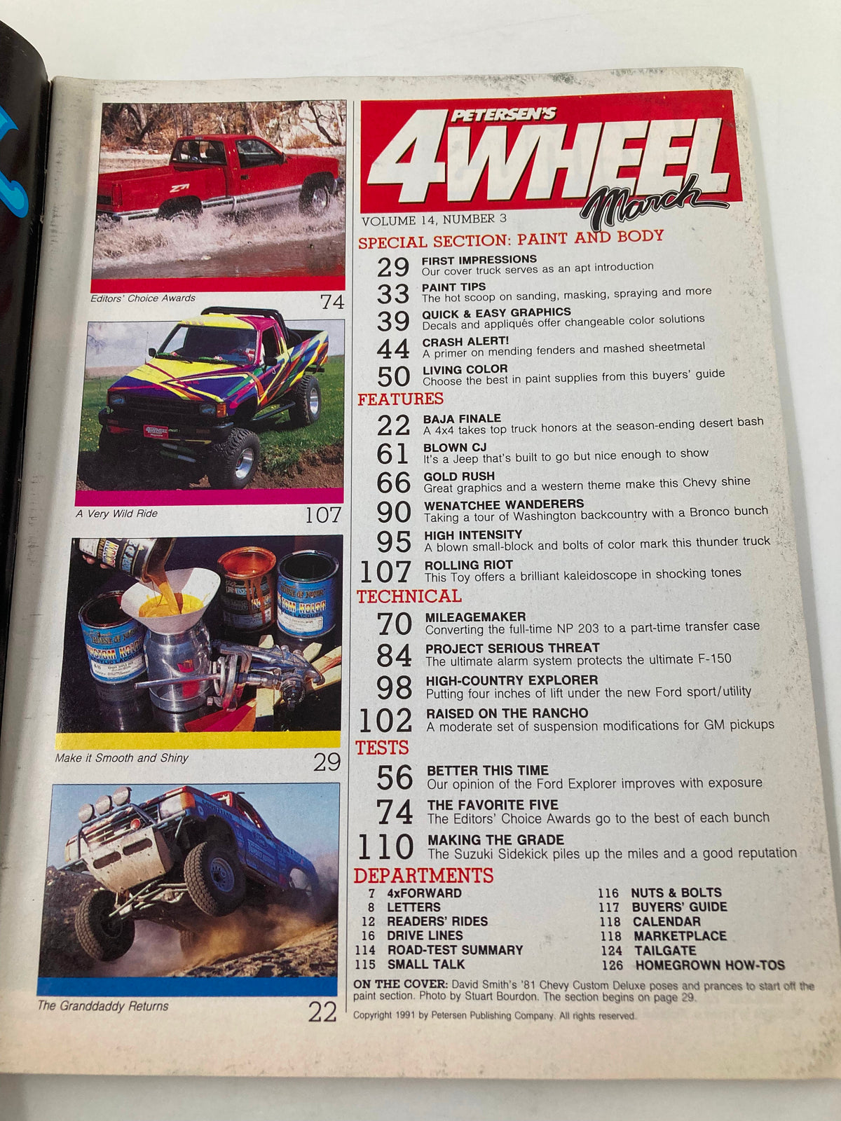Interior page of Petersen's 4 Wheel & Off-Road Magazine, March 1991 showcasing the table of contents with featured articles, including a special section on paint and body.