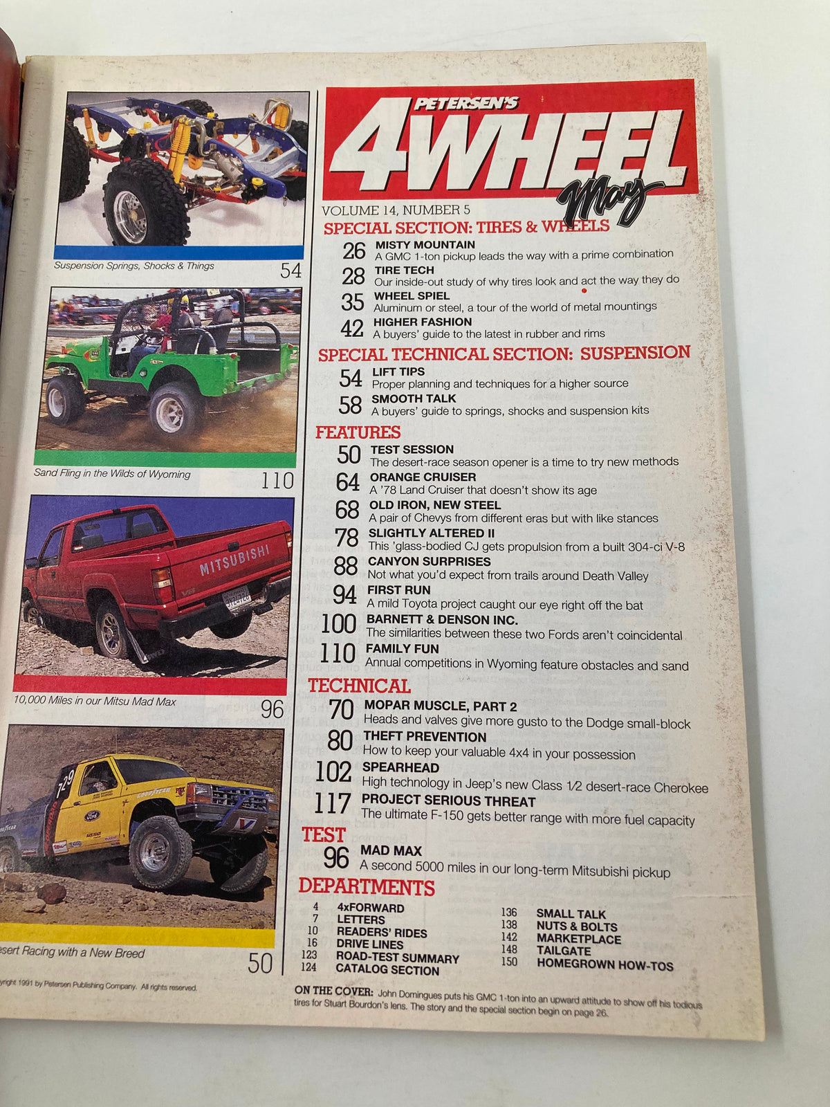 Table of contents from Petersen's 4 Wheel & Off-Road Magazine May 1991, showcasing featured articles and special sections on tires, wheels, and off-roading tips.