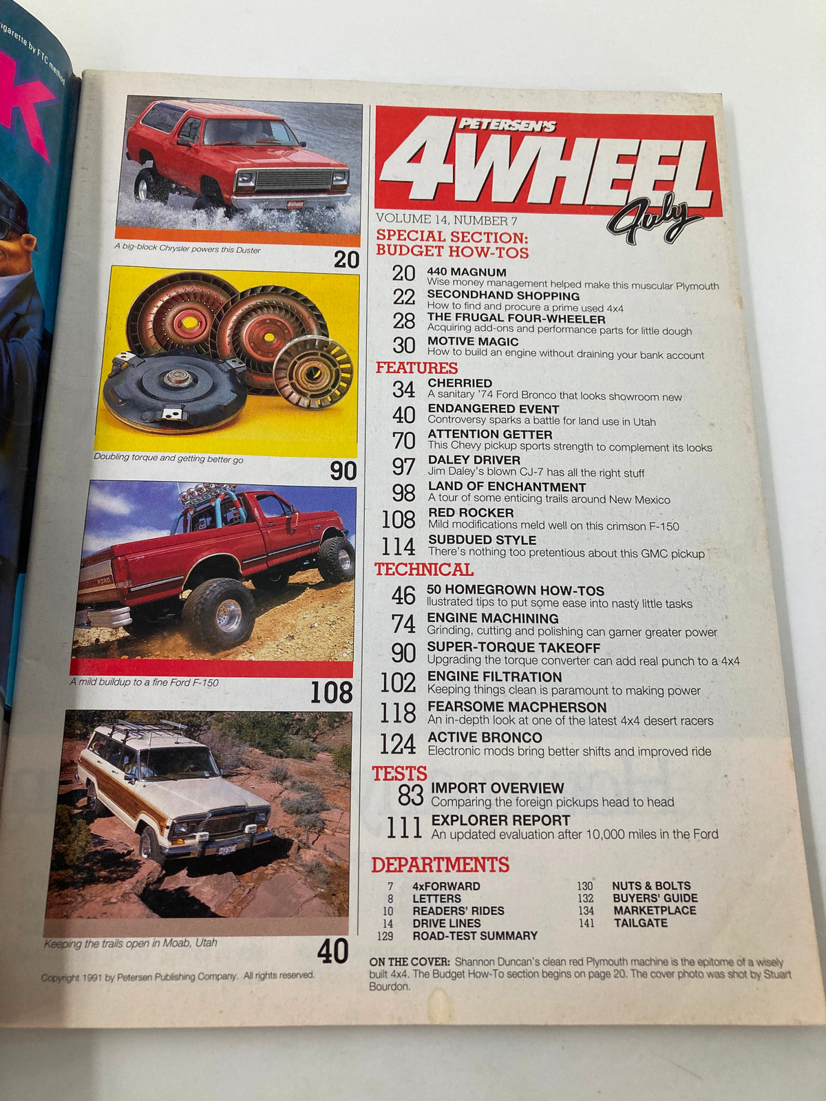 Inside page of Petersen's 4 Wheel & Off-Road Magazine July 1991, displaying budget how-tos and features including a red Plymouth and other vehicles, with detailed content sections.