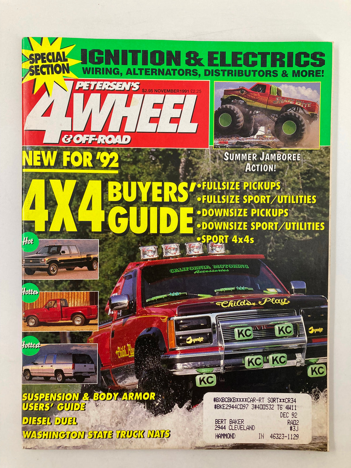 Cover of Petersen's 4 Wheel & Off-Road Magazine, November 1991, featuring Tim Lang's '90 GMC Sportside. Highlights include special sections on ignition and electrics, along with a 4X4 buyers' guide for the 1992 model year. The magazine showcases various off-road vehicles and is valuable for automotive enthusiasts and collectors.