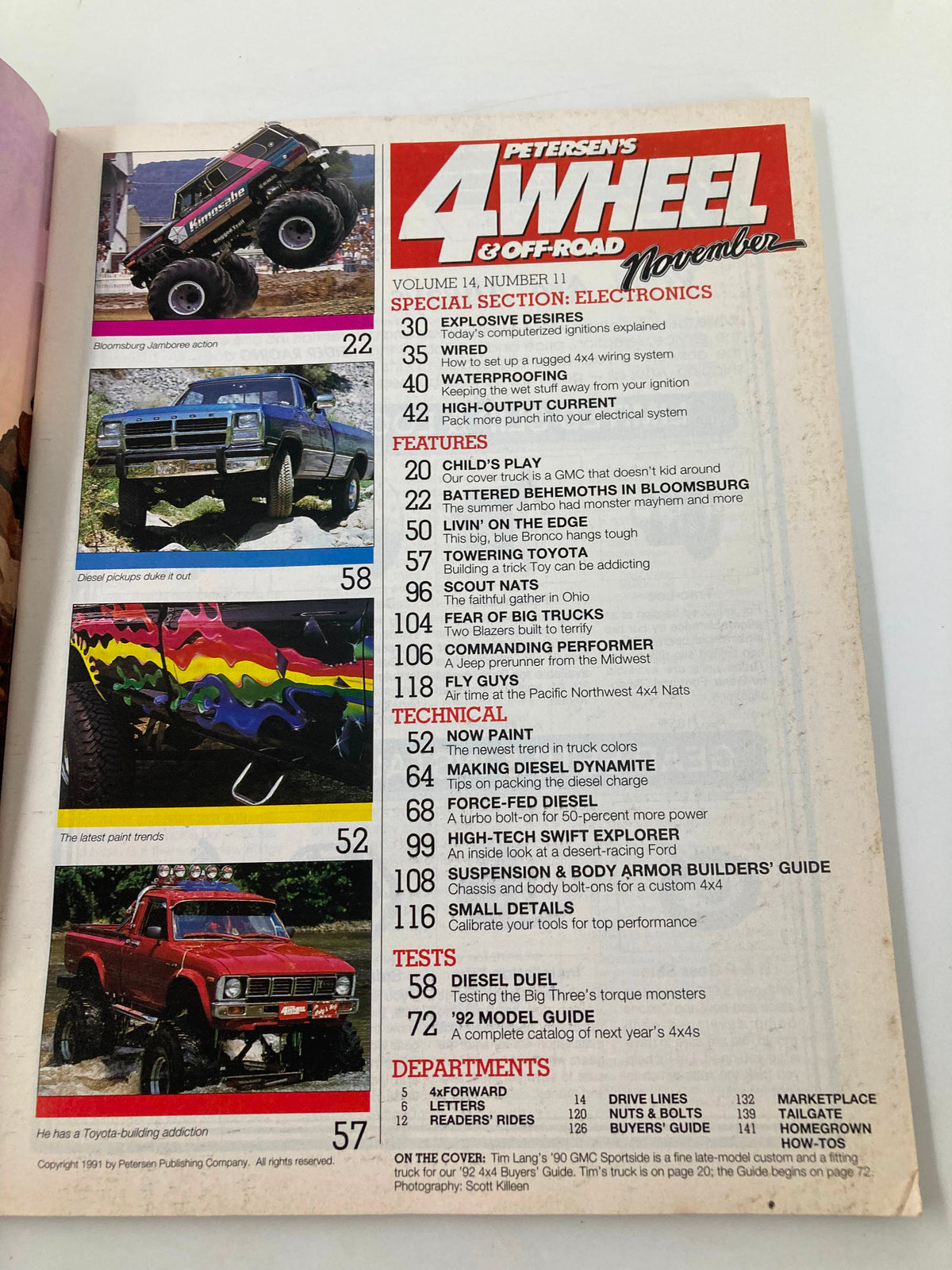 Contents page from Petersen's 4 Wheel & Off-Road Magazine November 1991 showcasing features including tim-lang's '90 GMC Sportside and trends in off-road vehicles, with images of monster trucks and technical sections.
