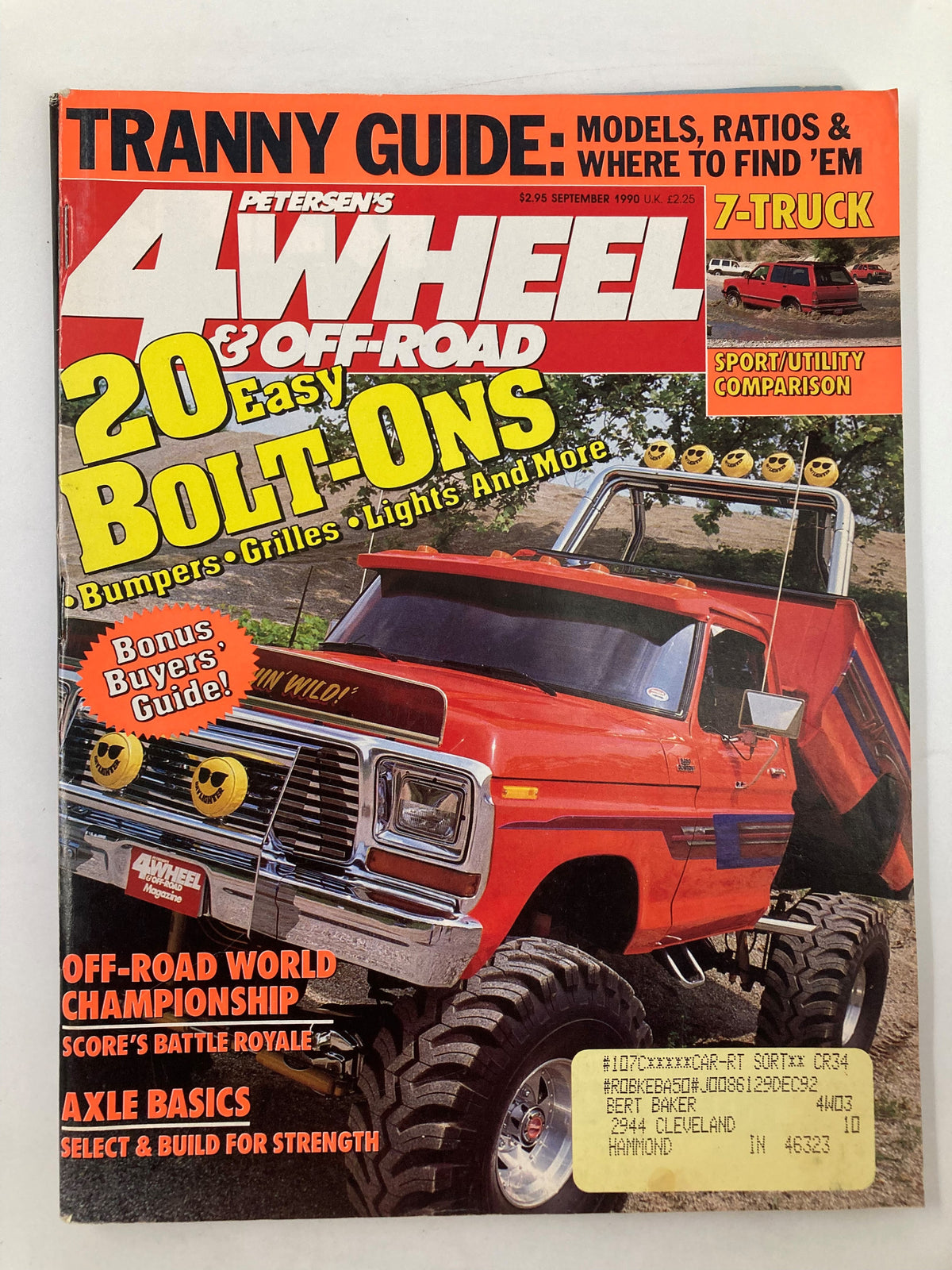 Cover of Petersen's 4 Wheel & Off-Road Magazine from September 1990 featuring Joe Day's '79 Ford F-350 with bold text highlighting '20 Easy Bolt-Ons' and additional features like Off-Road World Championship.