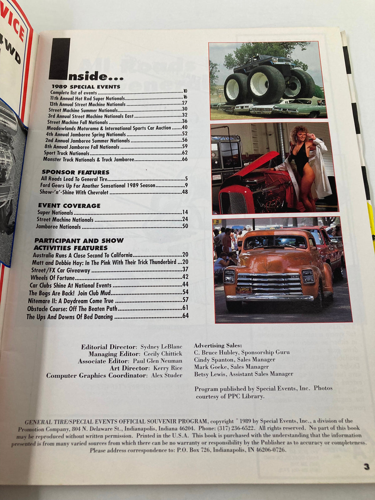 Inside page of the 1989 General Tire Special Events Official Souvenir Program showcasing the table of contents and images related to the events.