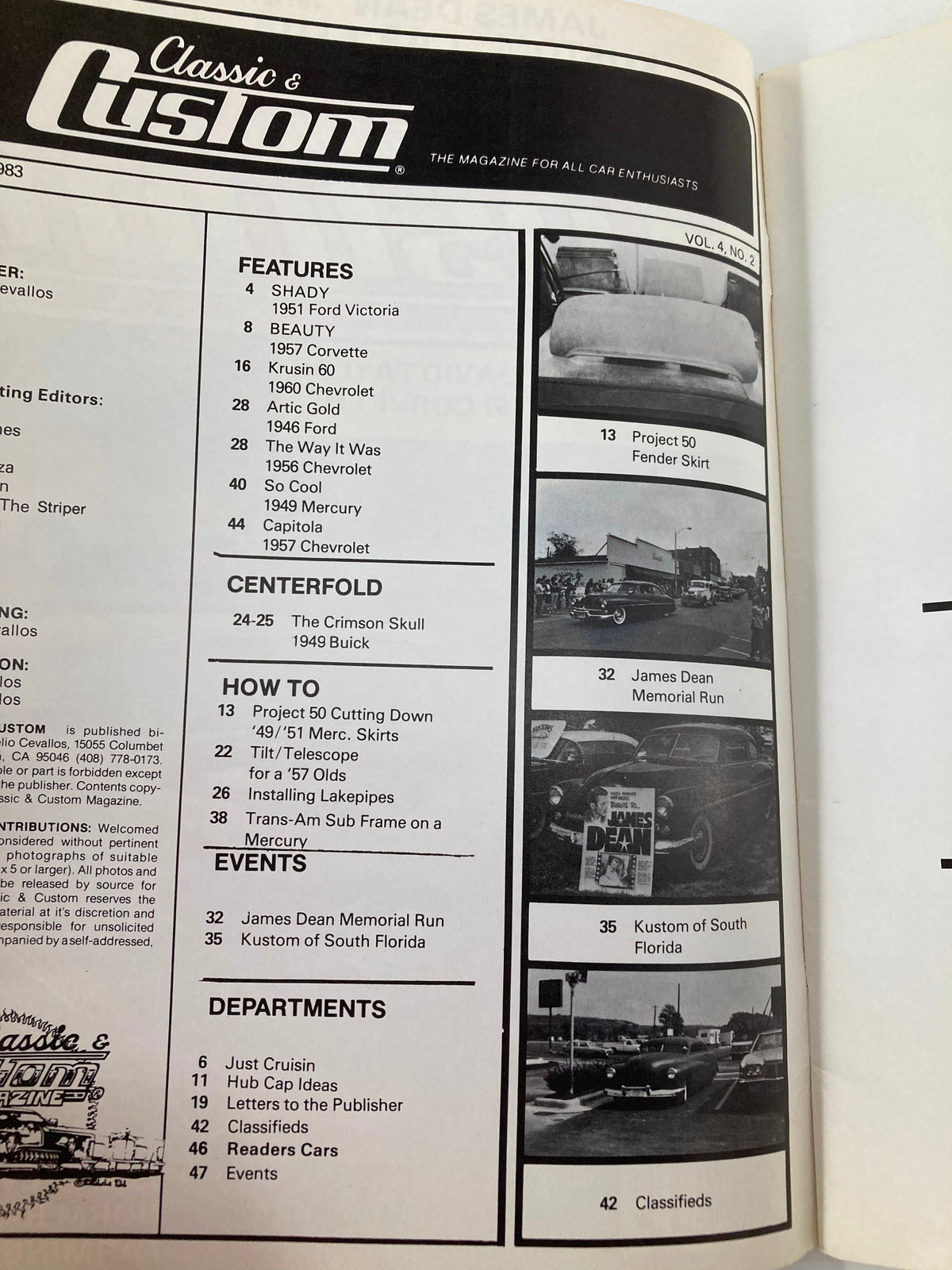 Table of contents from VTG Classic & Custom Magazine May 1983, highlighting features and topics related to classic cars, including how-to guides and event listings.