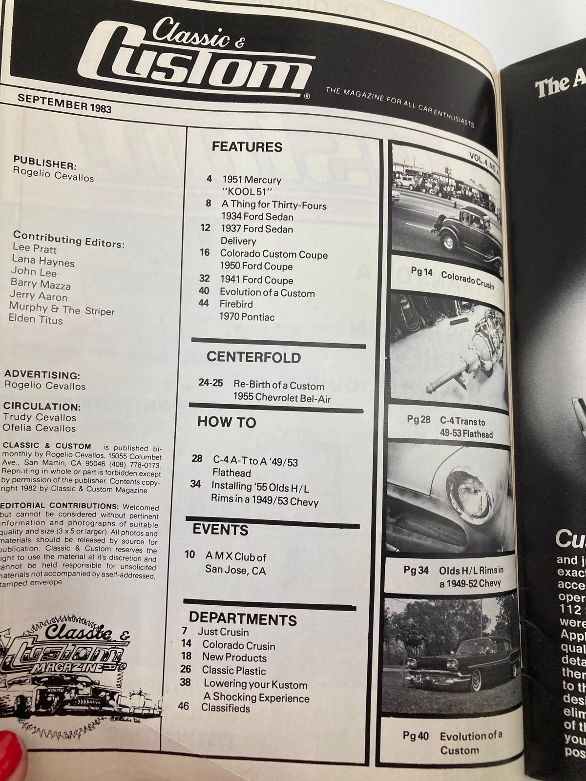 VTG Classic & Custom Magazine September 1983 with an interior page listing features including the 1955 Chevrolet Bel-Air and various classic cars, emphasizing automotive history.