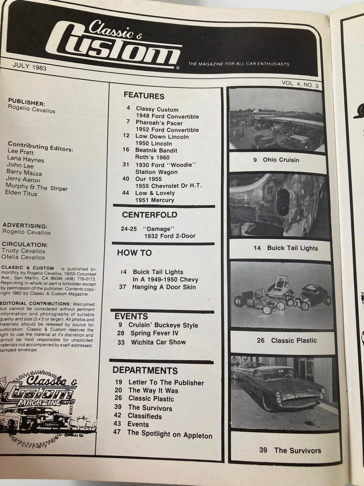 Interior page of Classic & Custom Magazine, July 1983 edition, showcasing the features list including Robb Beard's 1932 model vehicle, along with classic car events and articles.