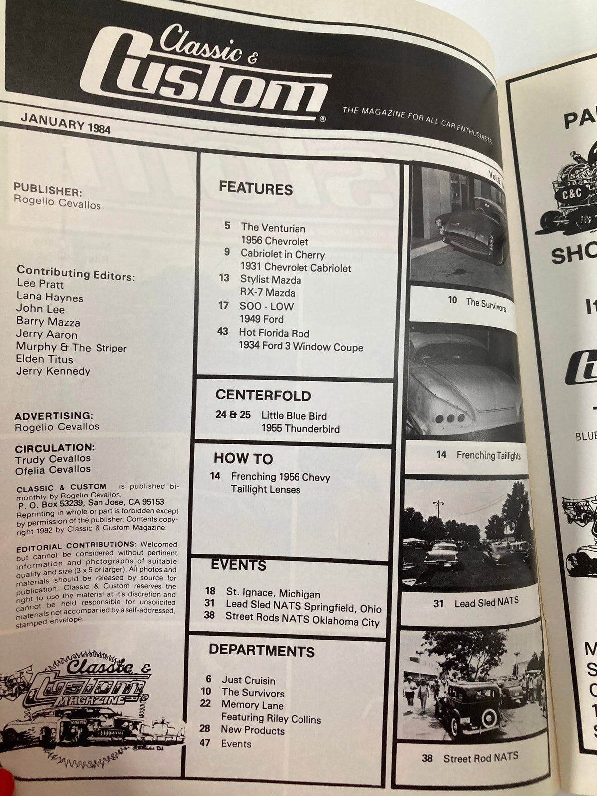 Cover page of VTG Classic & Custom Magazine January 1984, featuring articles on Frenching Taillight Lenses, classic cars, and automotive trends. The magazine highlights various features, events, and departments related to car customization during the 1980s.
