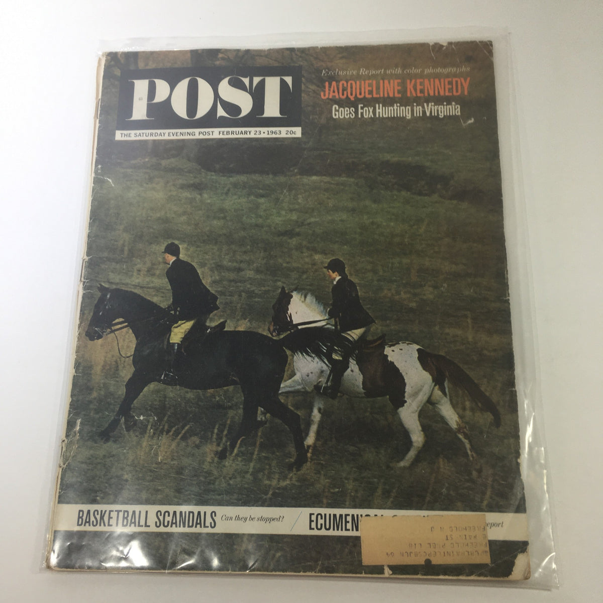 Cover of The Saturday Evening Post Magazine dated February 23, 1963, featuring Jacqueline Kennedy on horseback during a fox hunting adventure in Virginia. The magazine includes articles related to current events and nostalgia from the early 1960s.