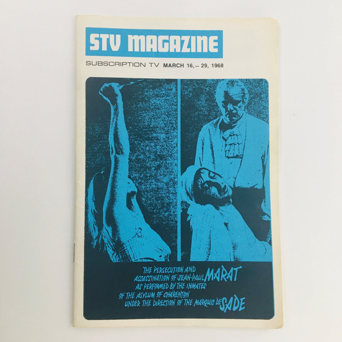 Cover of STV Magazine Subscription TV March 16-29, 1968 featuring a dramatic blue-toned illustration related to the play 'Marat/Sade'.