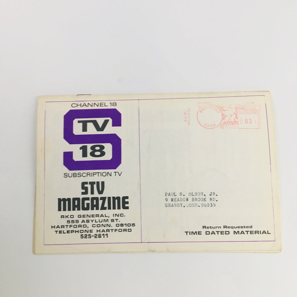 Back cover of STV Magazine December 8-21 1968 displaying subscription information and address details of RKO General, Inc. in Hartford, Connecticut.