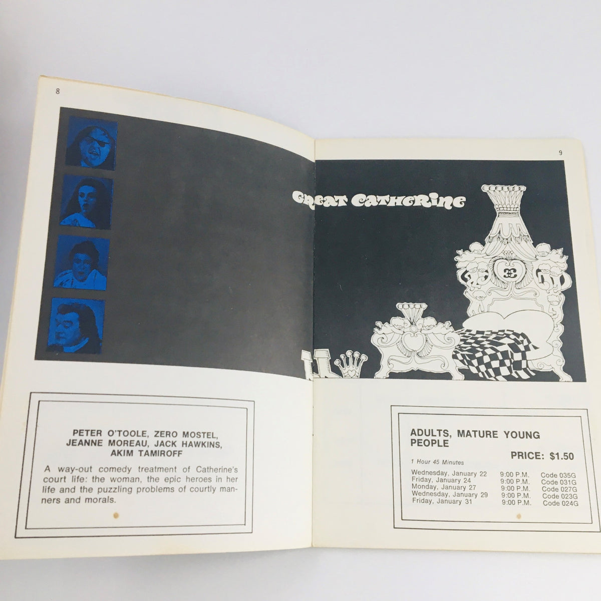 Inside pages of STV Magazine Subscription TV showcasing details about the play 'Great Catherine,' featuring Jeanne Moreau, with promotional images and showtimes, reflecting entertainment culture of the late 1960s.