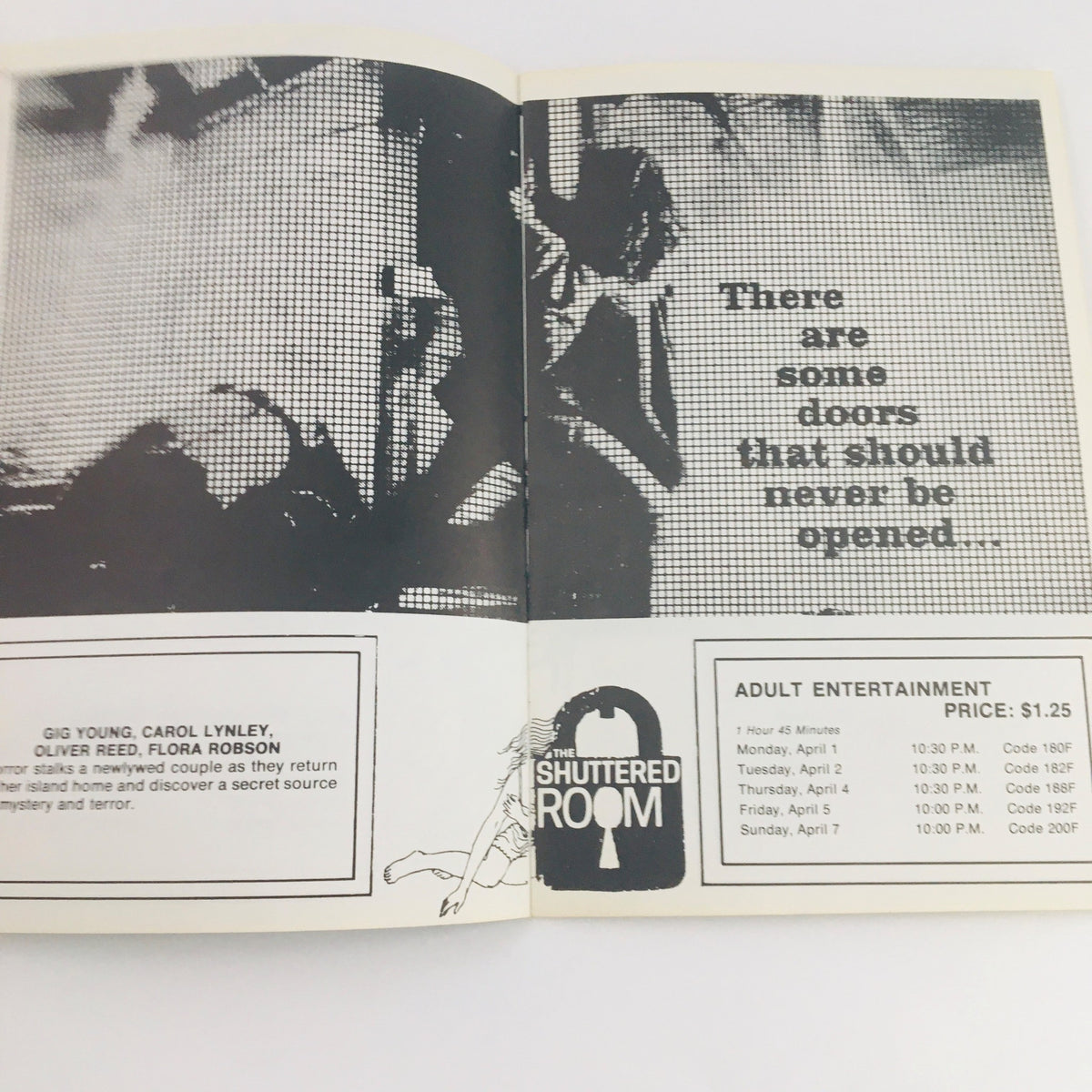 Interior spread of STV Magazine Subscription TV March 30 April 12 1968 featuring 'The Shuttered Room'. The page showcases an advertisement with a mysterious tagline, along with information about the film and upcoming showtimes.