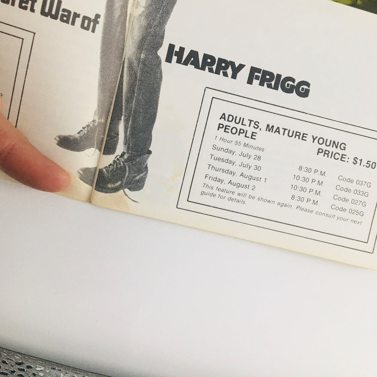 Close-up view of the page showcasing 'The Secret War of Harry Frigg' in STV Magazine Subscription TV July 20 to August 2, 1969, detailing showtimes.