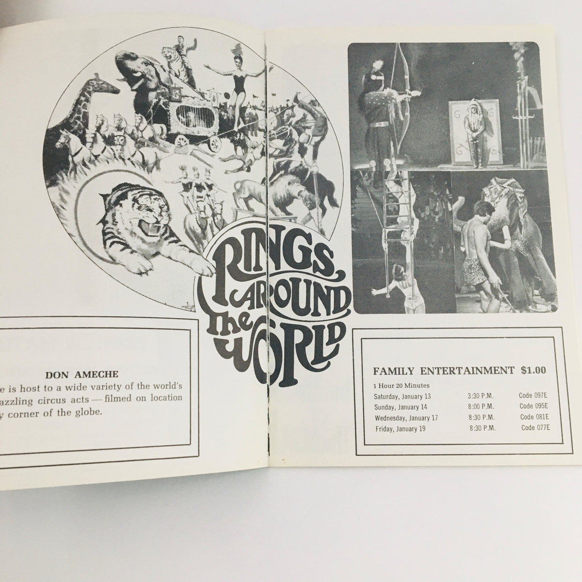 Interior page of STV Magazine Subscription TV January 6-19 1968 featuring Don Ameche in 'Rings Around the World' with a colorful illustration of circus acts and performance schedule.