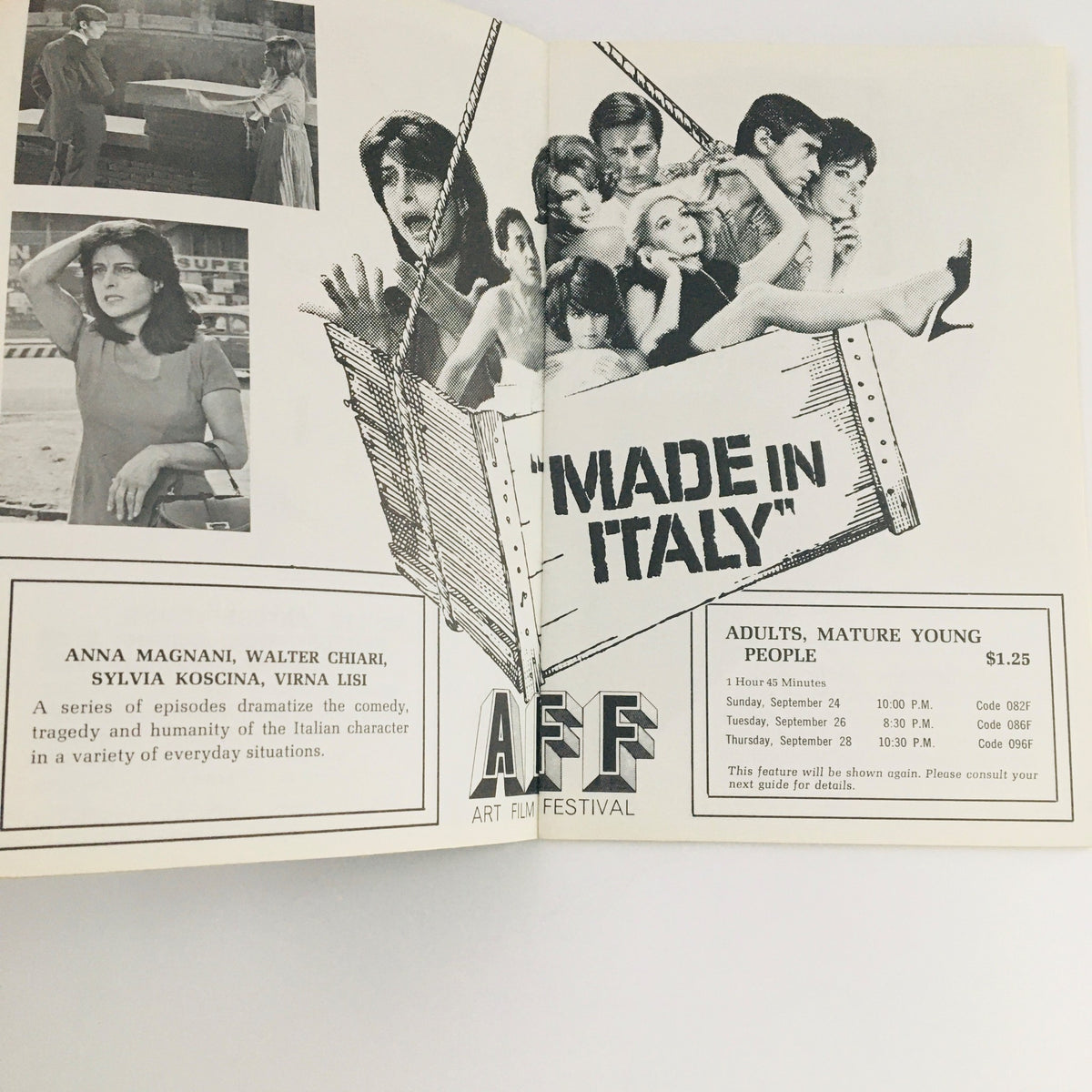 Interior spread of STV Magazine September 16-29, 1967 promoting the film 'Made in Italy' with details on screenings and artwork.