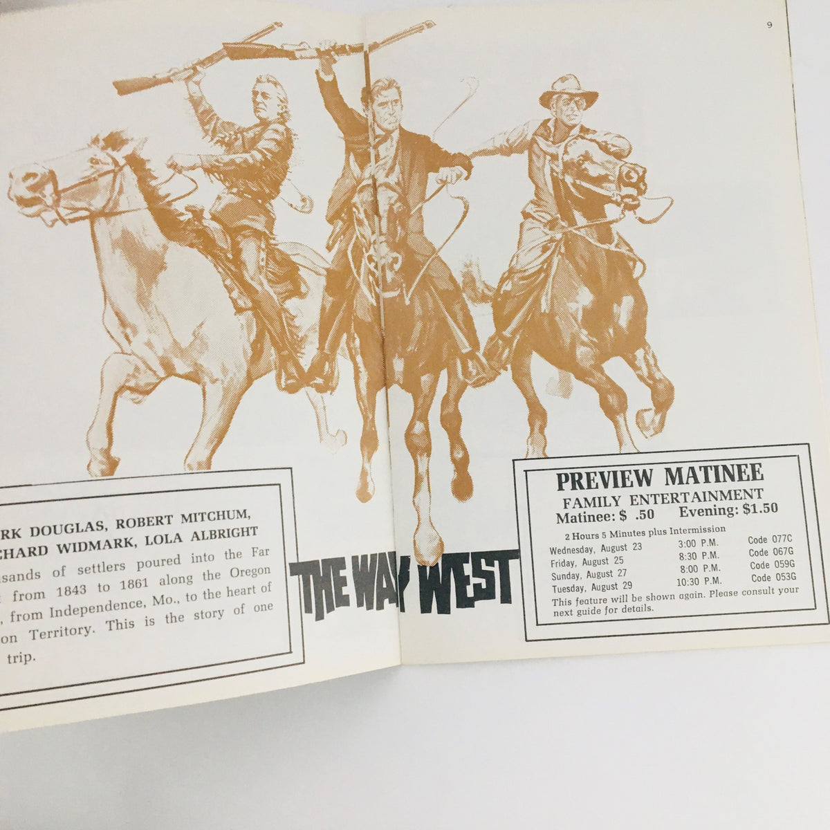 Inside page of STV Magazine Subscription TV showcasing 'The Way West' with artwork of cowboys on horseback and details about a matinee show, dated August 1967.