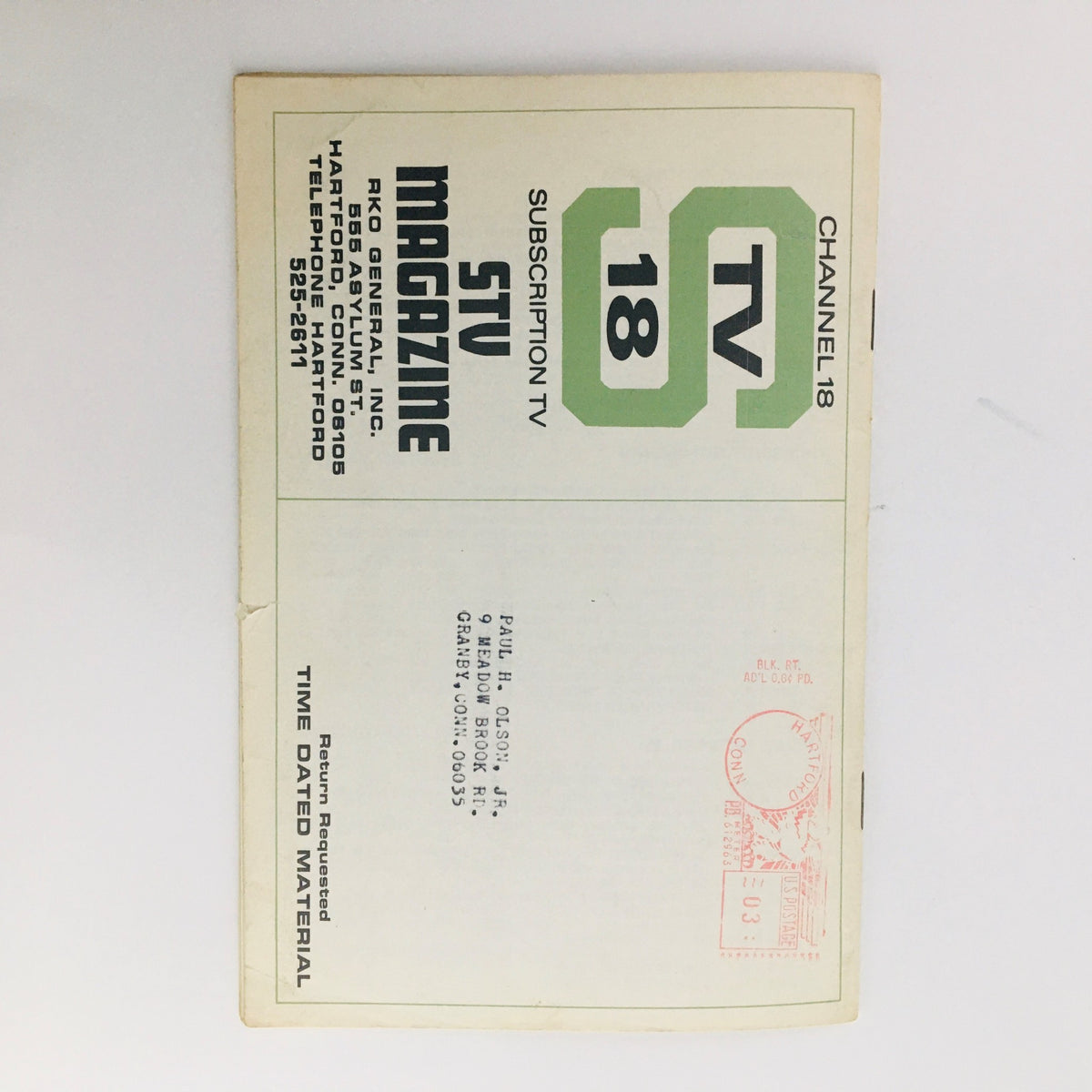 Back cover of STV Magazine Subscription TV, October 12-25 1969, featuring channel information and an address label for Paul H. Olson, Jr.