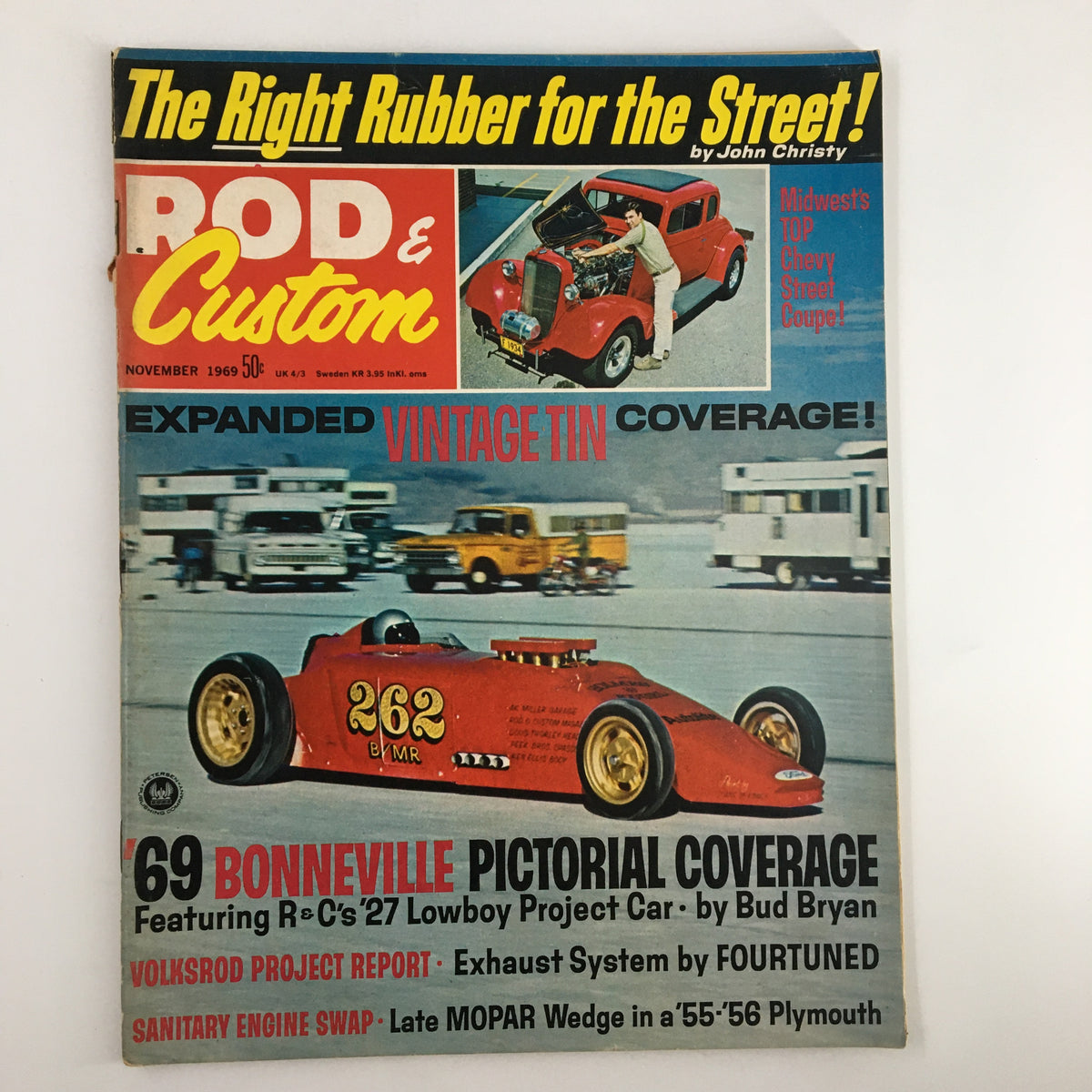 Cover of VTG Rod & Custom Magazine November 1969 showcasing R&C's '27 Lowboy Project Car with automotive features and vintage car culture highlights.