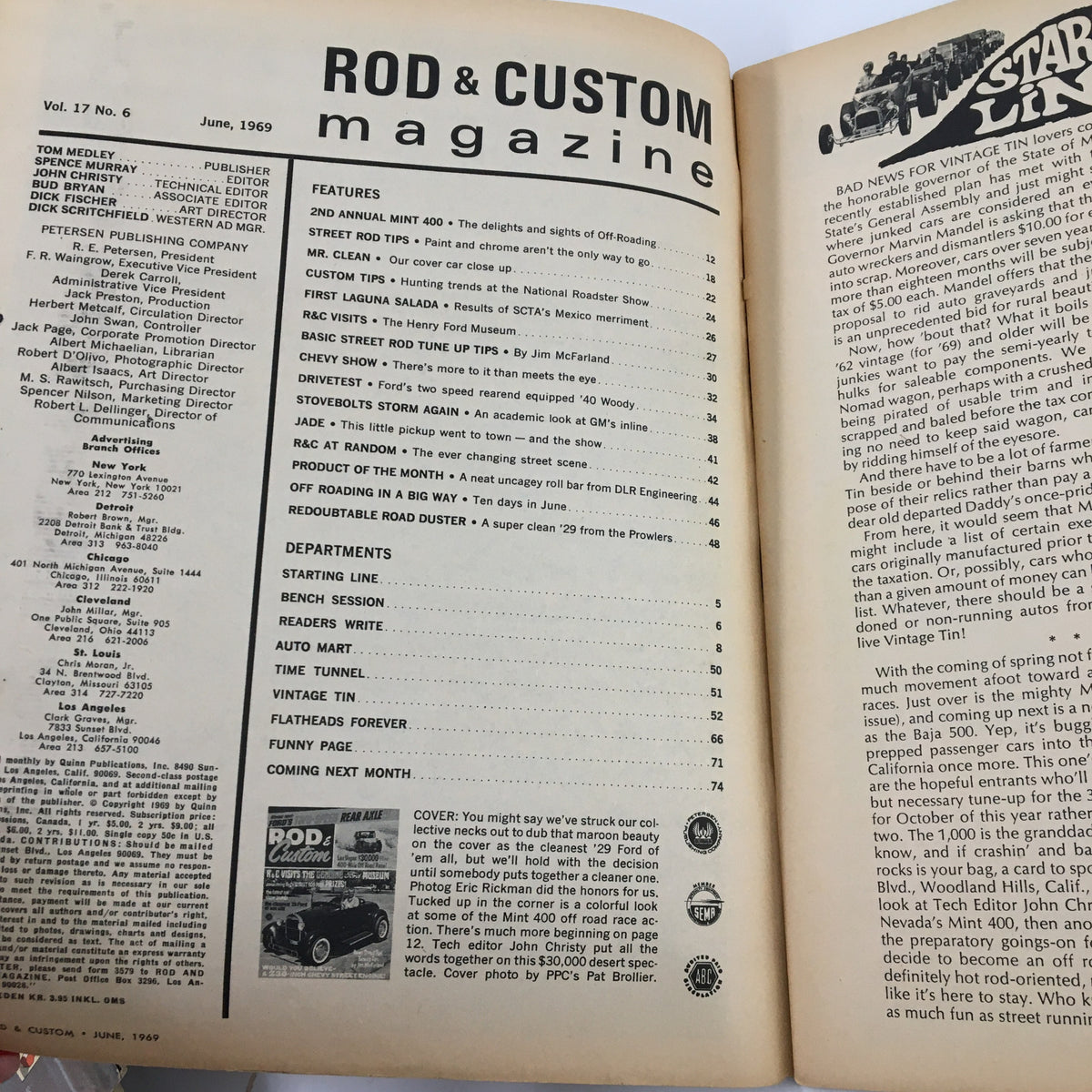 Inside page of VTG Rod & Custom Magazine June 1969 displaying the contents and features, including articles on classic cars and automotive history.
