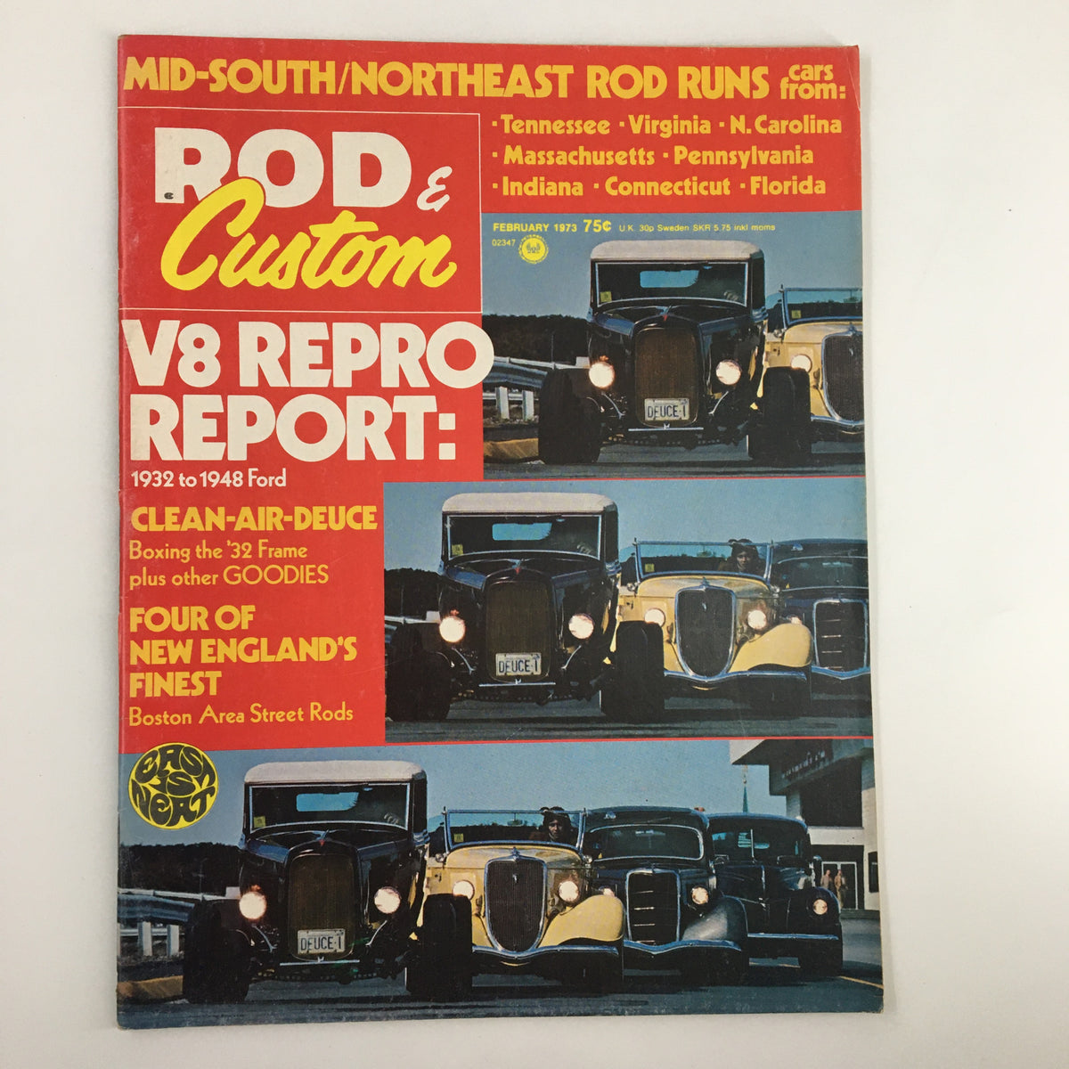 Cover of VTG Rod & Custom Magazine February 1973 featuring hot rod cars, with the title prominently displayed. The magazine includes features on 'Boxing the '32 Frame' and various rod runs across the Mid-South and Northeast.