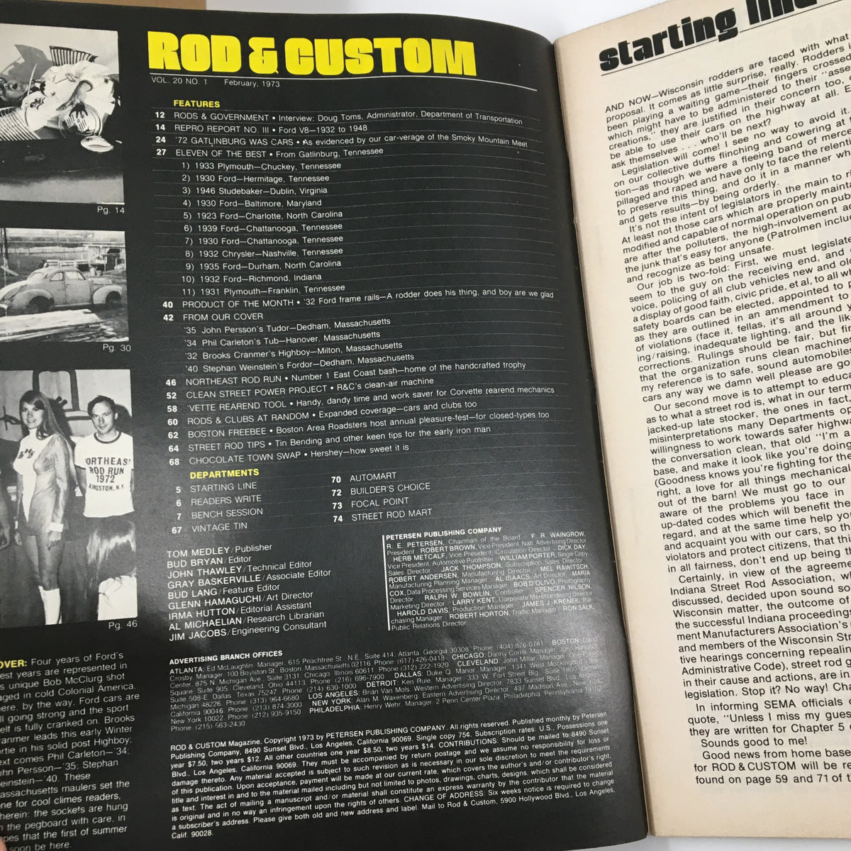 Inside spread from VTG Rod & Custom Magazine February 1973, showcasing features and articles, including 'Boxing the '32 Frame.' The page highlights sections including 'Starting Line' and other informative content related to hot rod culture.
