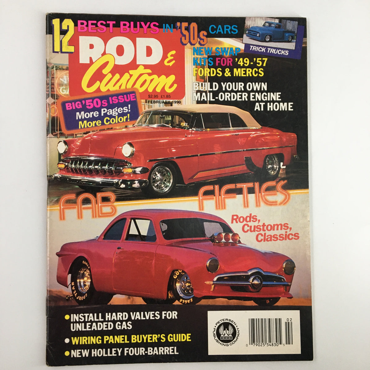 Rod & Custom Magazine February 1990 cover featuring Kenny Bernstein's Cool '54, highlighting classic cars from the 1950s with bold colors and retro design elements.